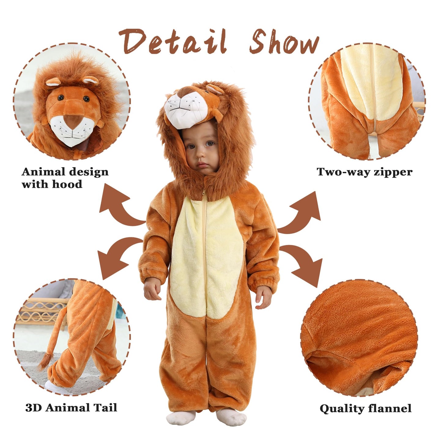 Doladola Baby Boys Girls Cartoon Animal Hooded Costume Infant Pajamas Romper(2-3 Years,Lion)