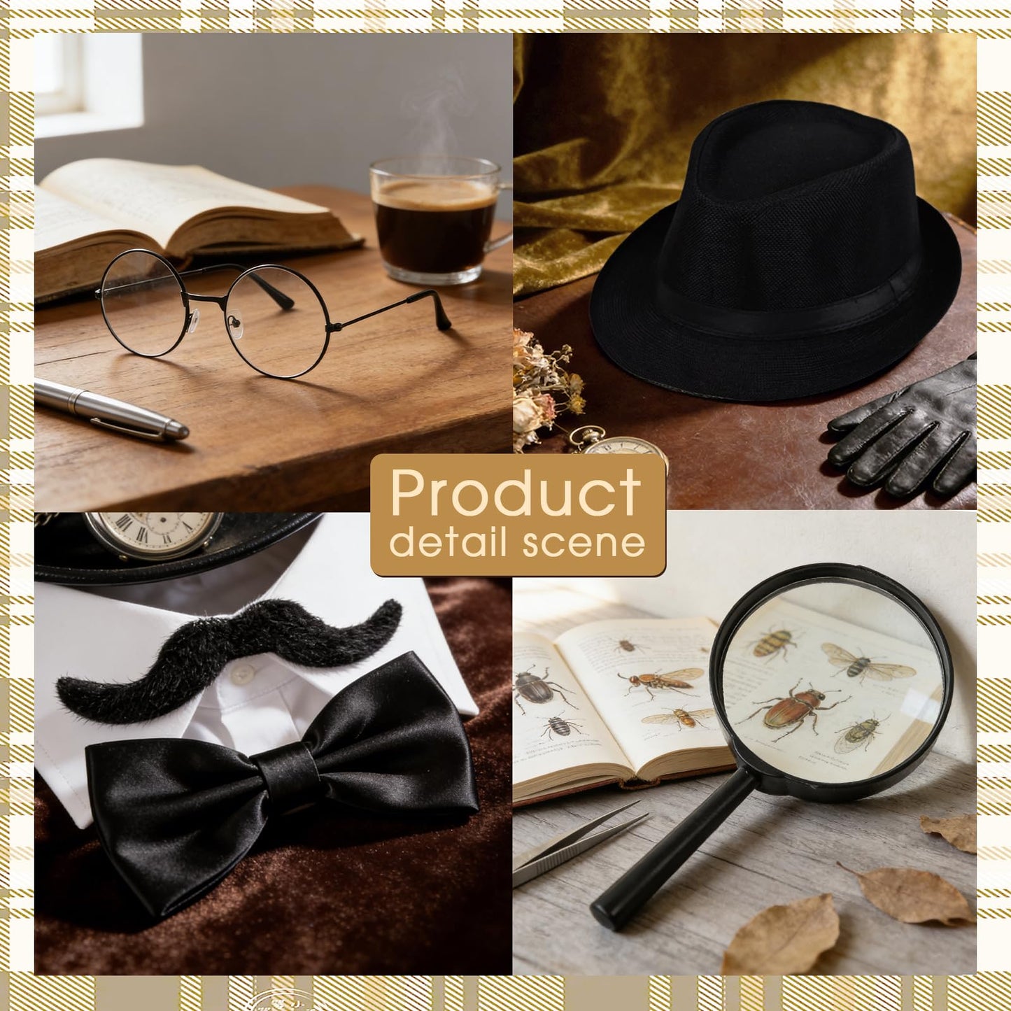 GYIOFAI 5 Pcs Adults Detective Costume Accessories Set, Detective Fancy Dress Kit with Hat Fake Mustache Bow Tie Black Frame Glasses Magnifier, for Halloween Cosplay Carnival Word Book Day (Black)