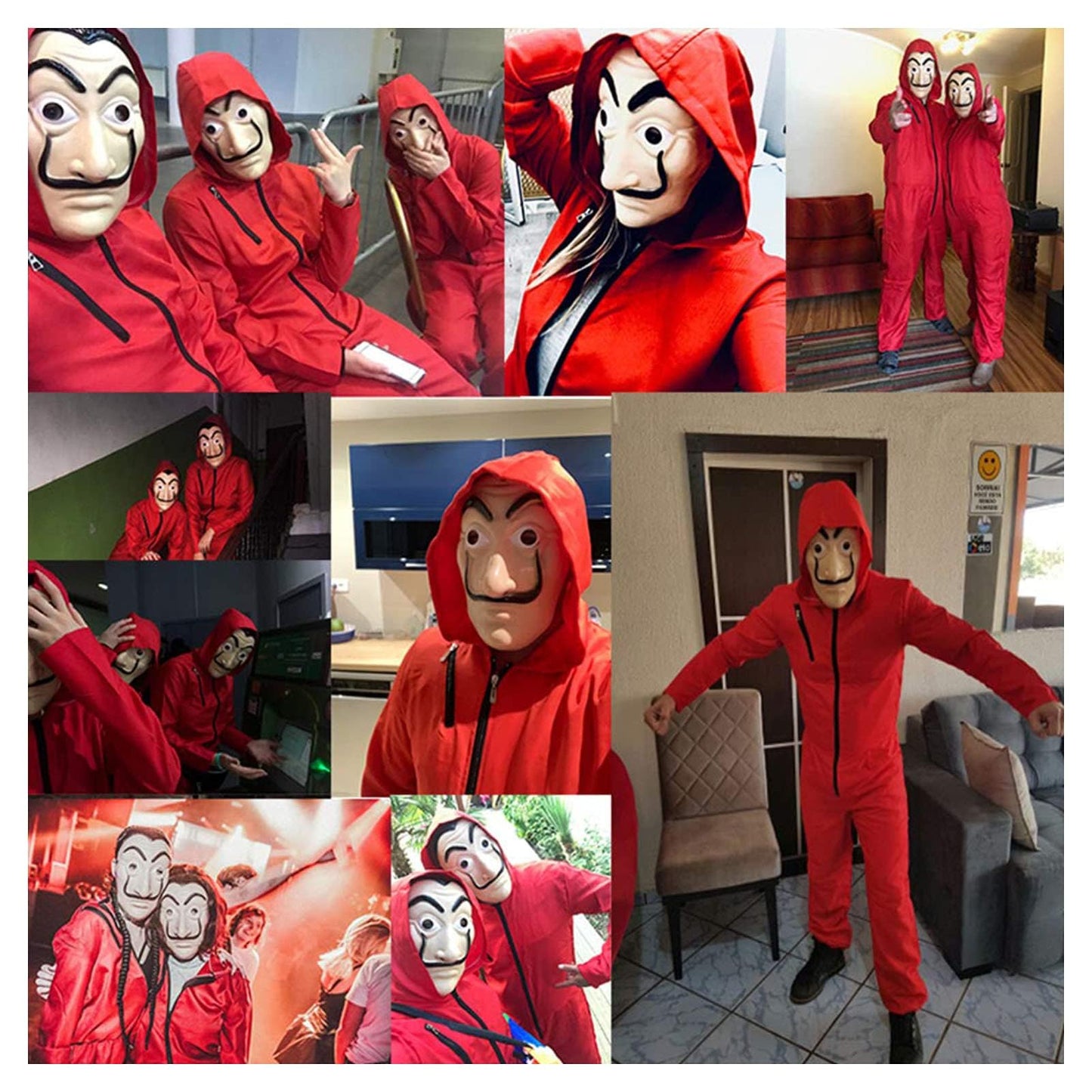 Anxicer Halloween Bank Robber Jumpsuit - Long Sleeve Red Romper with Hood & Mask, Carnival Thief Costume Set (Adult-XL-180-185)