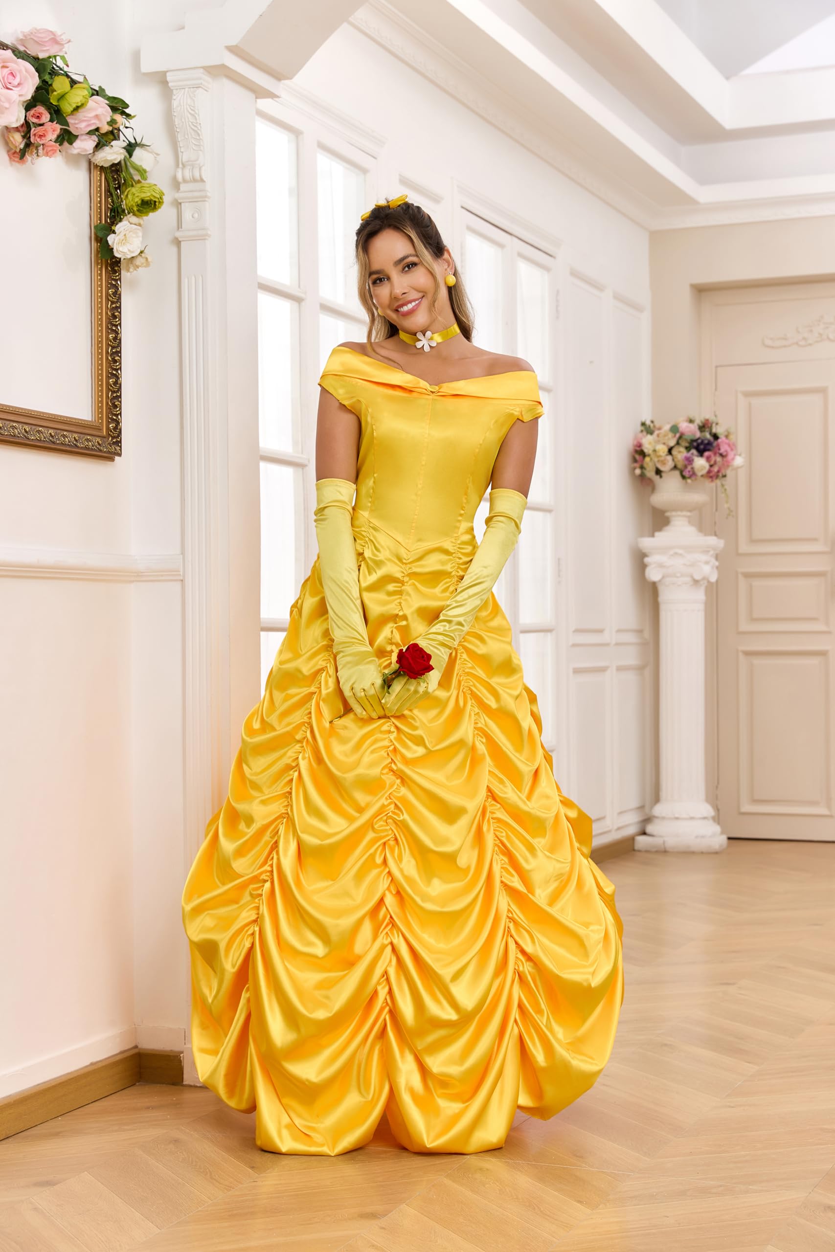 Princess Belle Costume Women Beauty Fairytale Long Dress Gown Off (image 2)
