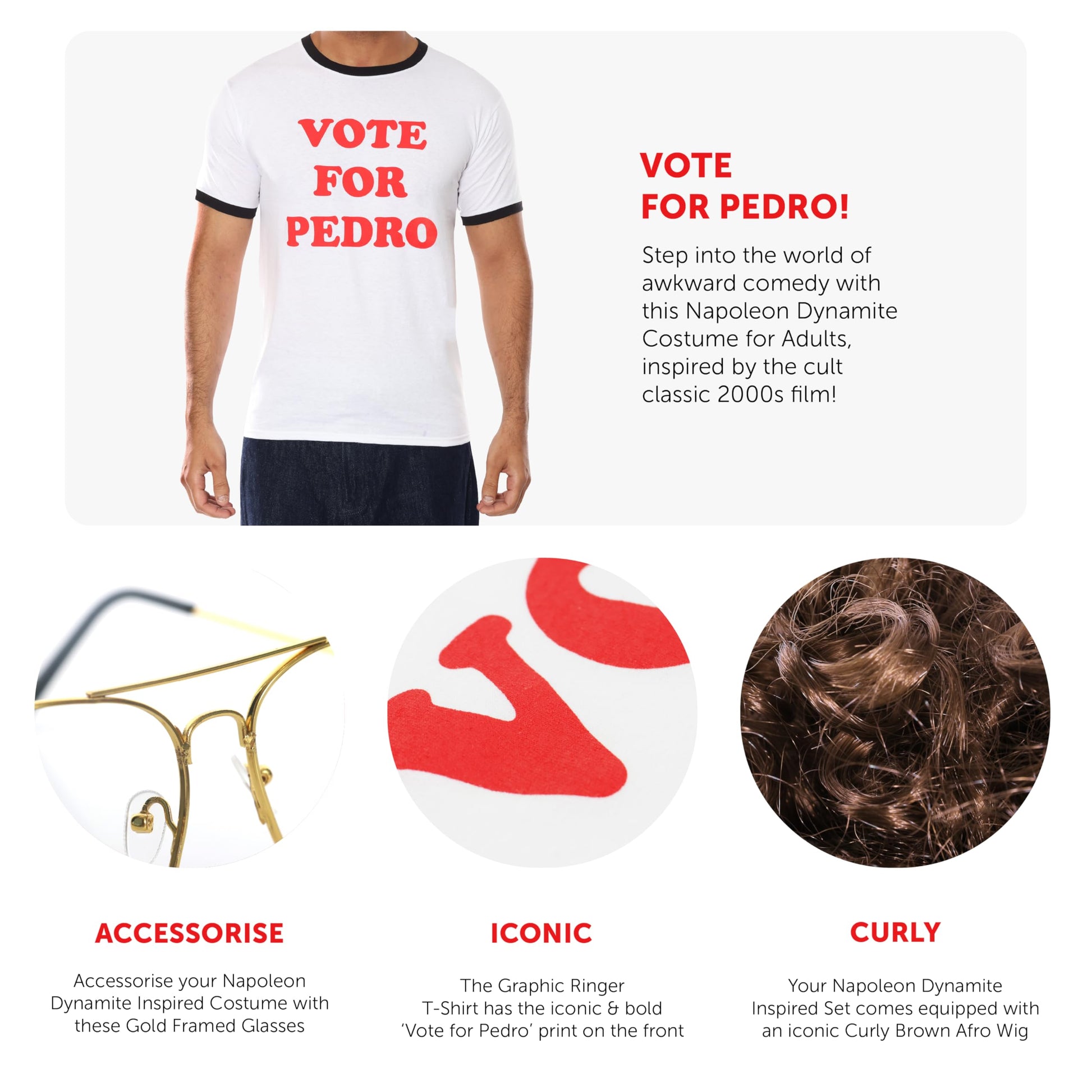 Retro Loner Costume - White 'vote for Pedro' T-Shirt - Brown Curly (image 2)