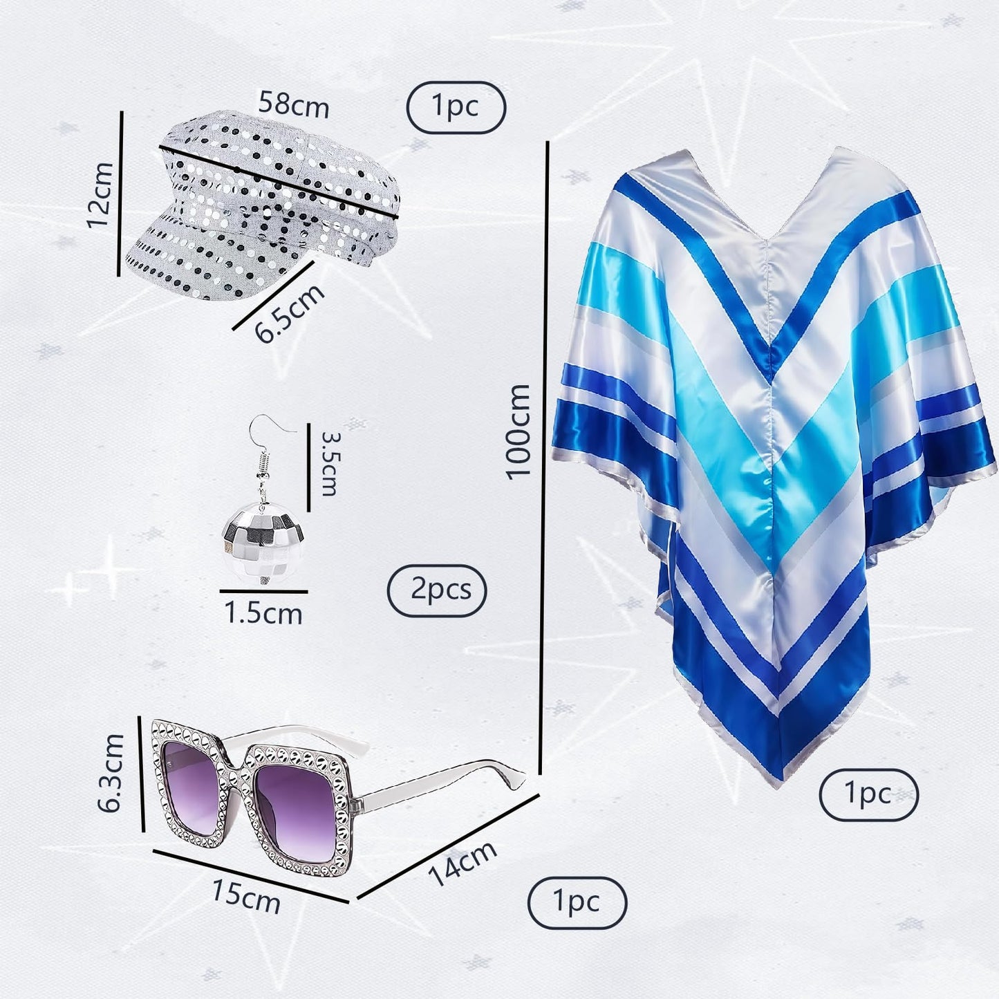 louuuou 70s Outfits For Women Halloween Costume 4pcs Set, Fancy Dress Costumes For Women Disco Party Poncho Cape With Silver Glitter Hat Glasses Earrings Fancy Dress