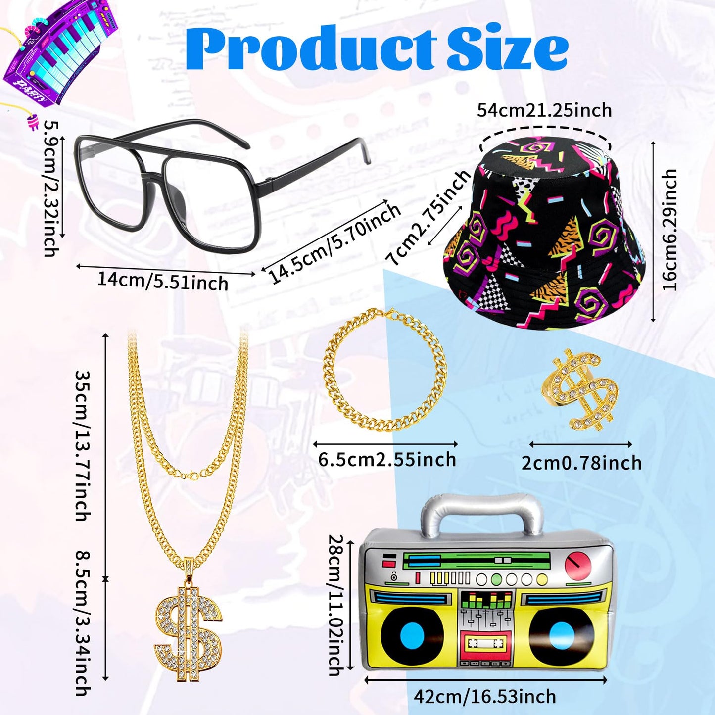 80s Hip Hop Outfit for Adults, Retro Sportswear Shirt & Short Set Includes Hat, Glasses, Necklace, Dollar Ring, Bracelet, Inflatable Radio, Beach Tracksuit for 80s Themed Party, Halloween, Carnival