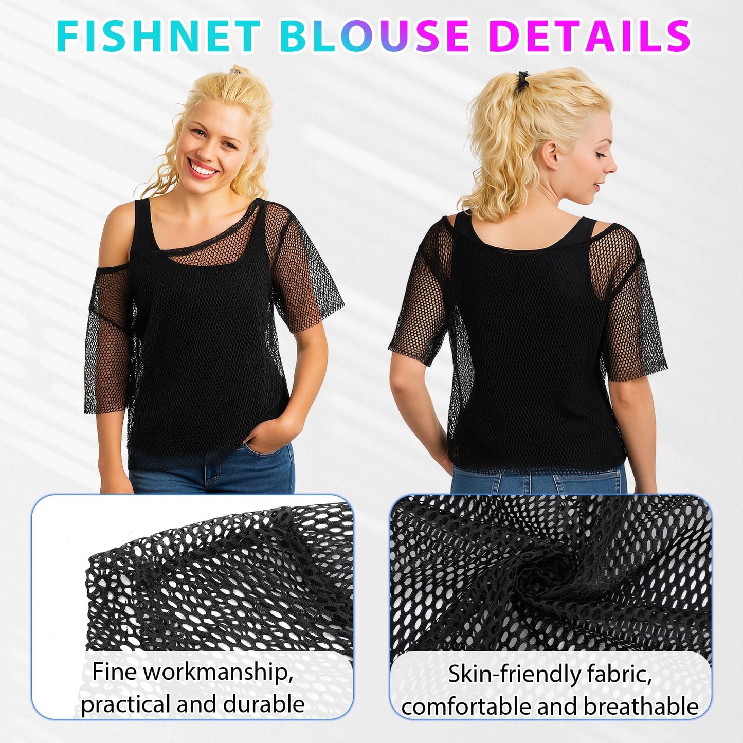 GSrenyu 17 Pcs Black 80s Accessories for Women Girls, 80s Outfits Costume with Fishnet Top, Fishnet Gloves, Lace Headband, Earrings, Necklace & Bracelet for Retro Party, Dress up Day