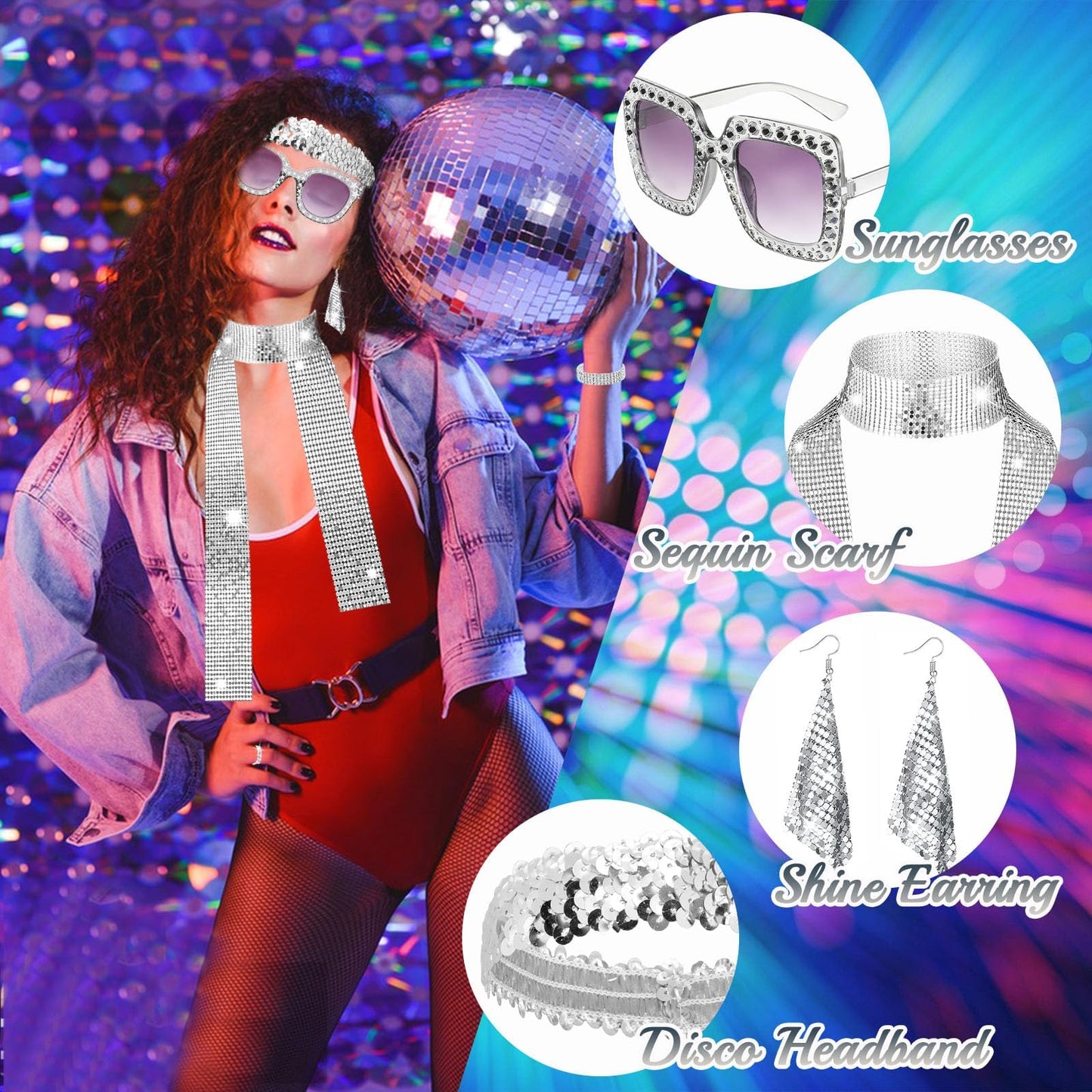 UxClishe 7 Pcs 1970s Disco Costume Set for Women, 70s Shine Disco Fancy Dress Accessories Set with Sequin Skirt Glasses Scarf Earring Headband Prom Dancing Outfit for Retro Party Supplies