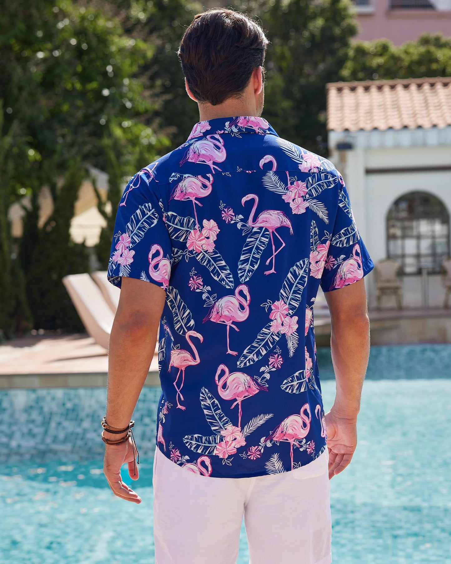 Hawaiian Shirt Short Sleeve Shirts Men Summer Blue Flamingo Beach