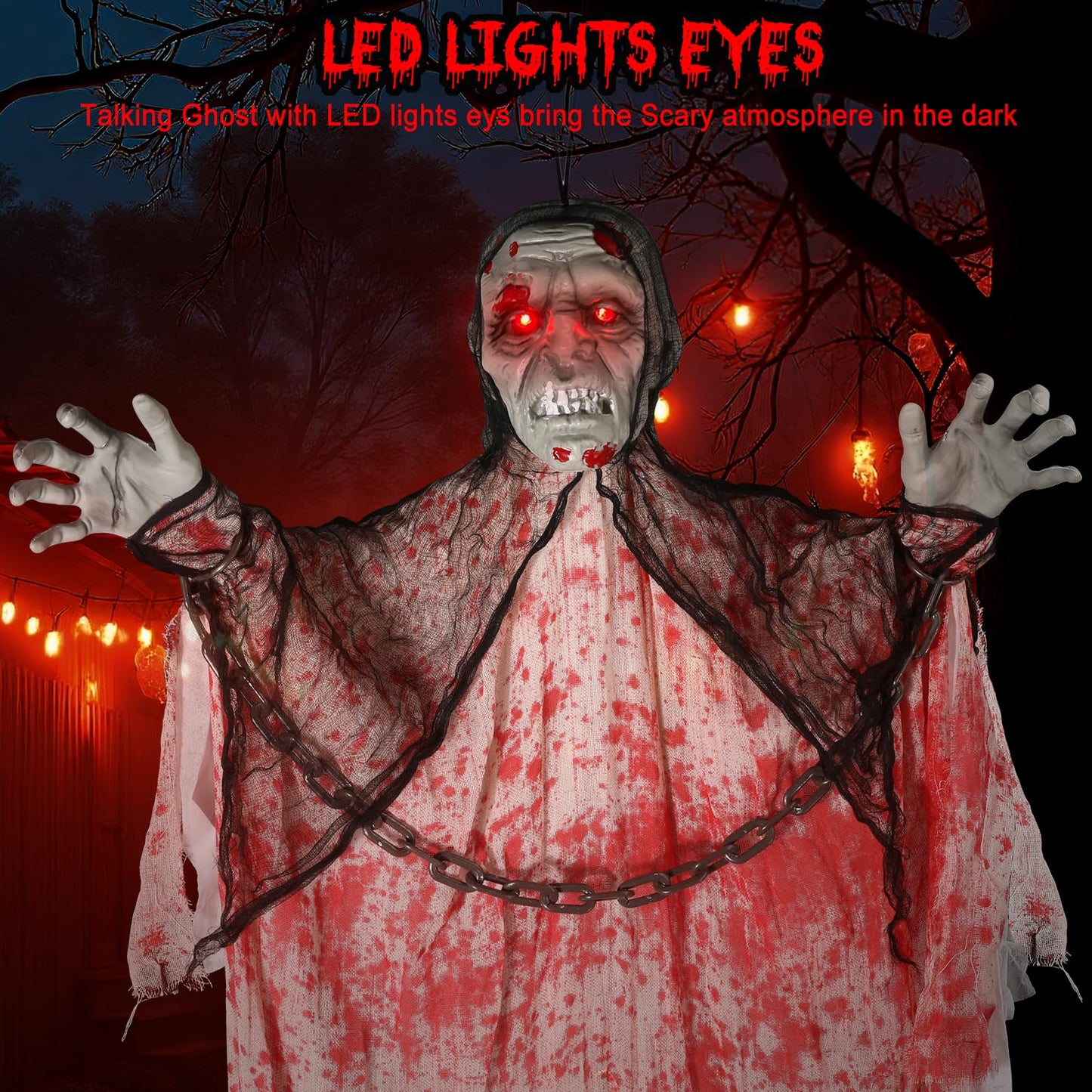 79” Halloween Hanging Chain Ghost Decorations Outdoor, Talking Ghost Decor Light Up Eyes Sound Activated, Outside Indoor Decoration for Lawn Yard Garden White