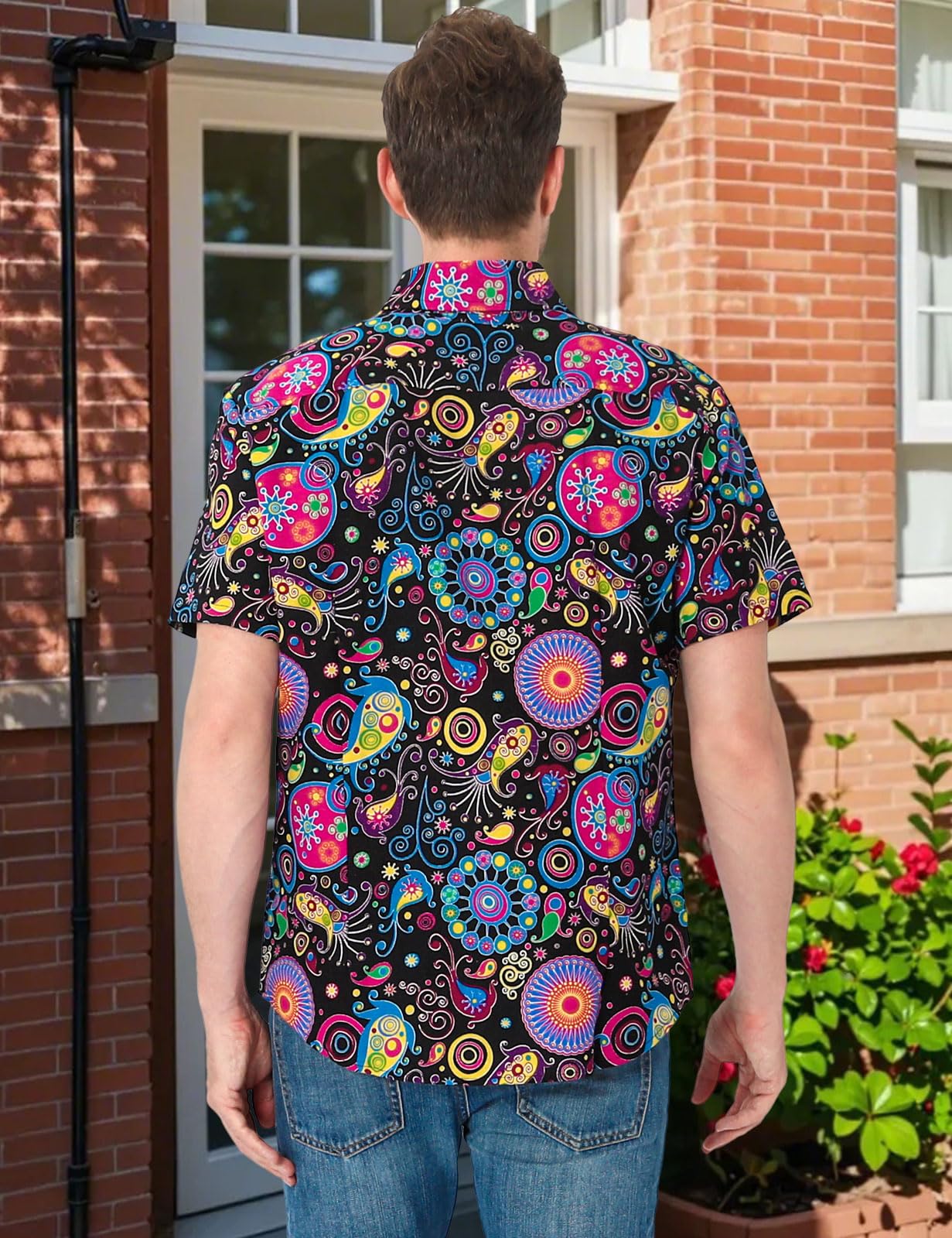 COSAVOROCK Mens 70s Hippie Shirt Hippy Fancy Dress Ugly Funky Casual Hawaiian Shirts L