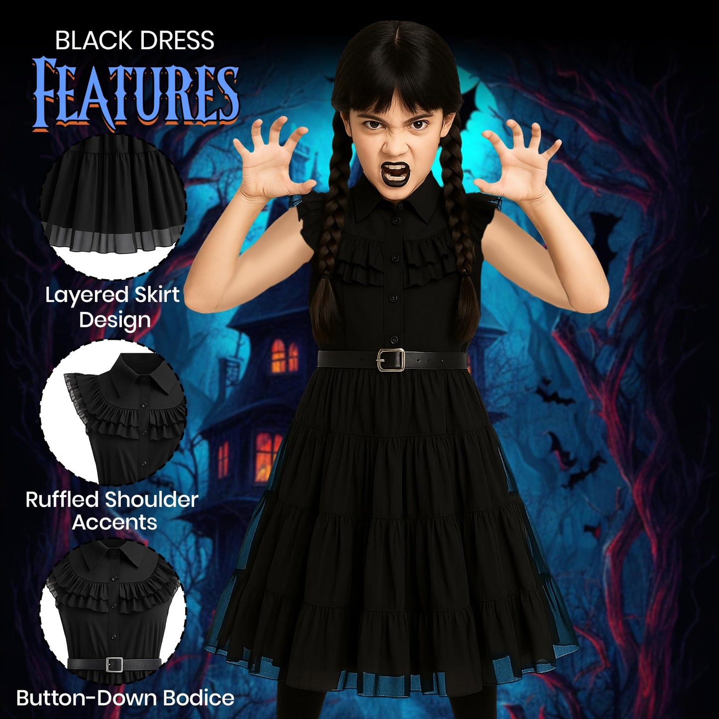 8pc Gothic School Girl Halloween Costume Kids with Gothic Dress and Belt, Kids Black Plaited Wig, Black Gloves, Knee High Socks and Fancy Dress Jewellery - Halloween Costumes for Girls (7-9 Years)