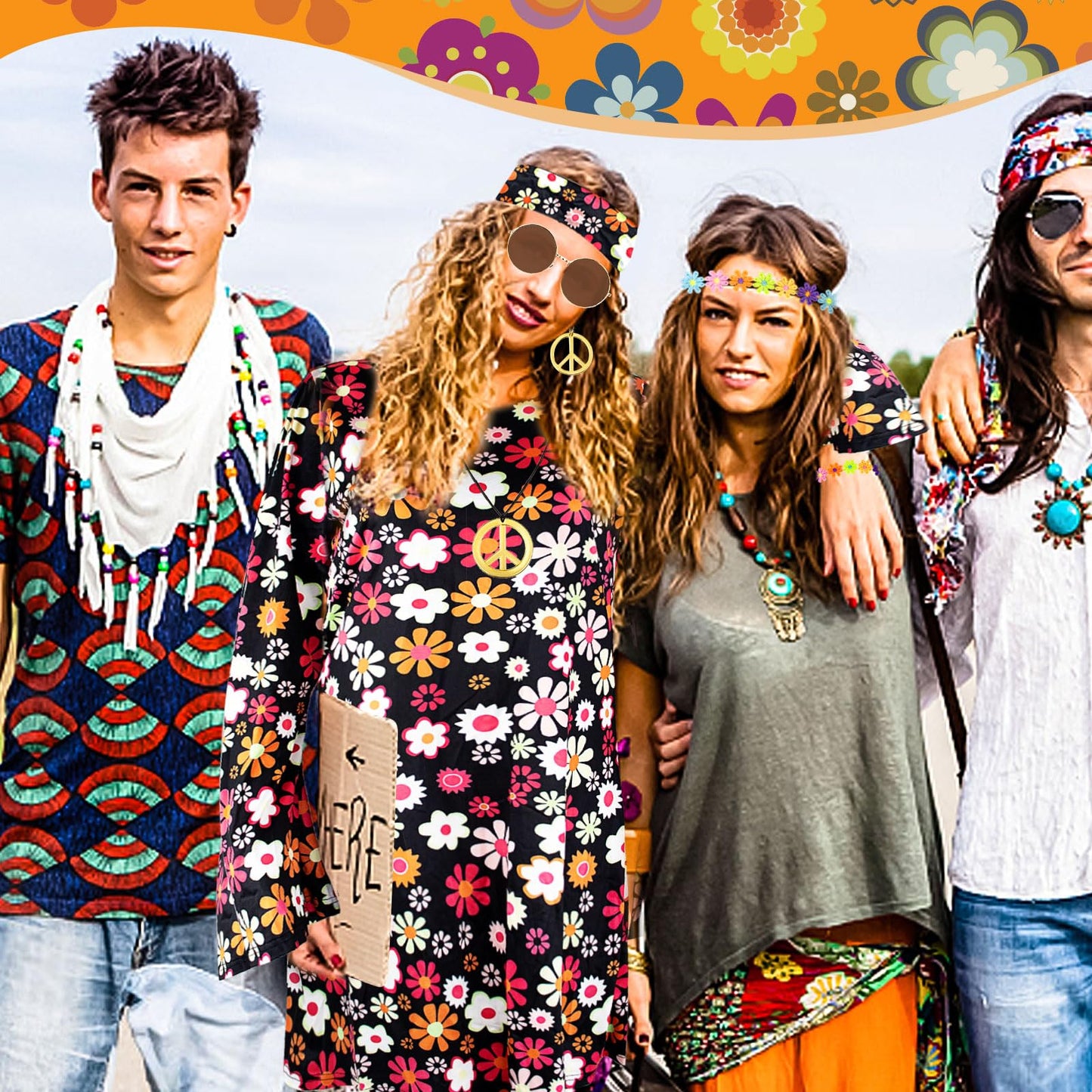 8PCS 70s Fancy Dress Women Set, 70s Hippie Dress Costumes Necklace Earrings Sunglass Women Disco Outfit, 60s Party Costume, Womens Hippie Costume for Carnival Cosplay Party