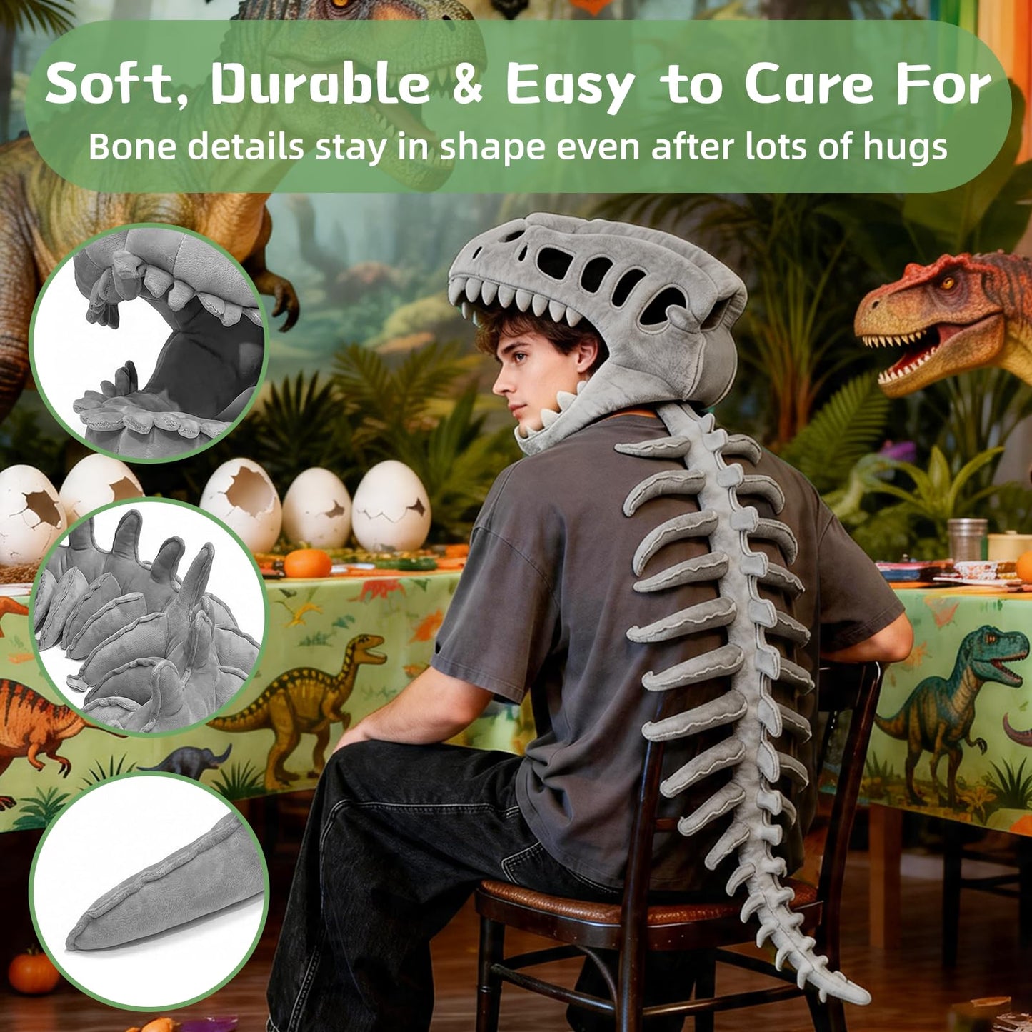 DVDVBOOM Dinosaur Skeleton Costume, Realistic Dinosaur Skeleton Costume, Wearable Soft Fossil Outfit, Plush Dinosaur Skull Headpiece And Spine Costume, Halloween Fun Dinosaur Costume for Cosplay