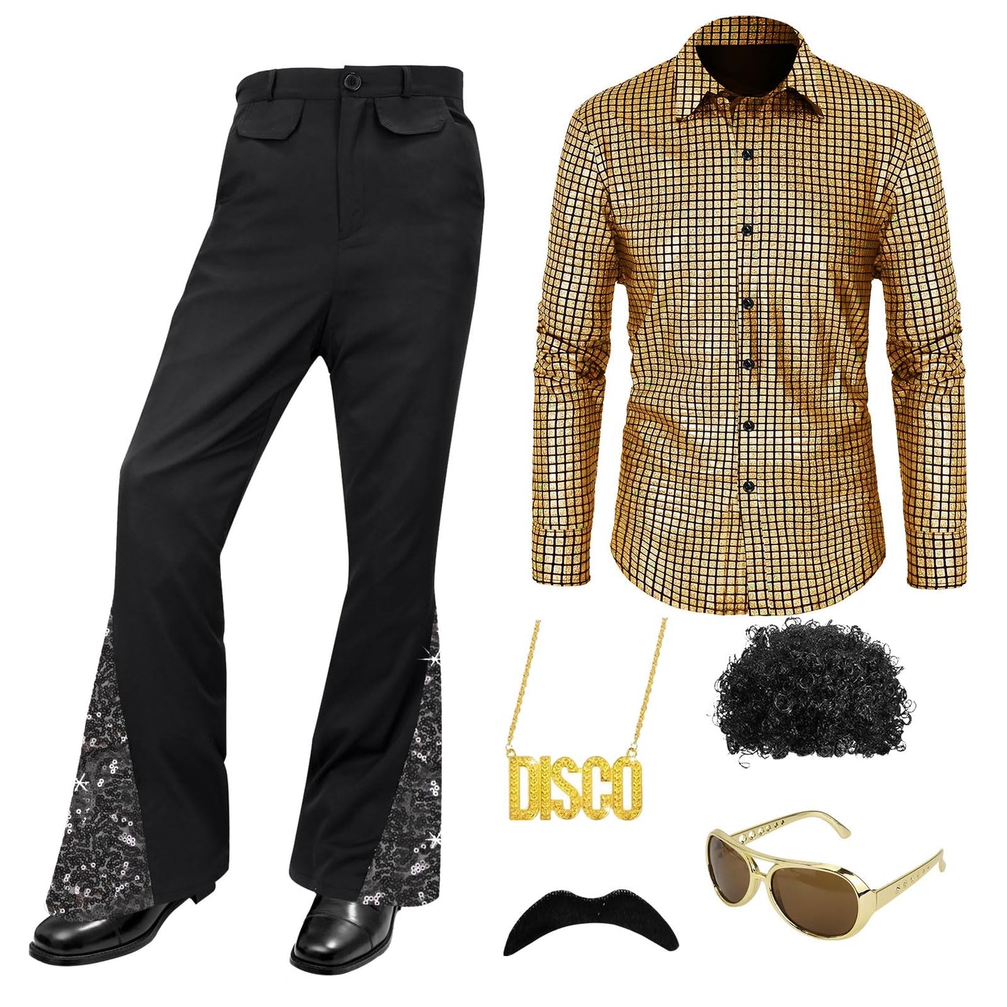 Malloom 70s Fancy Dress Mens Outfits, 6 Pcs Disco Outfit Retro Costume with Bell Bottom Pants for Disco Party (Gold) (L)