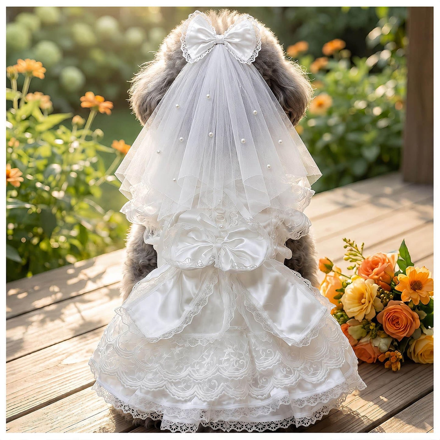 Dog Wedding Dress with Veil - Princess Lace Dog Dress with Bow