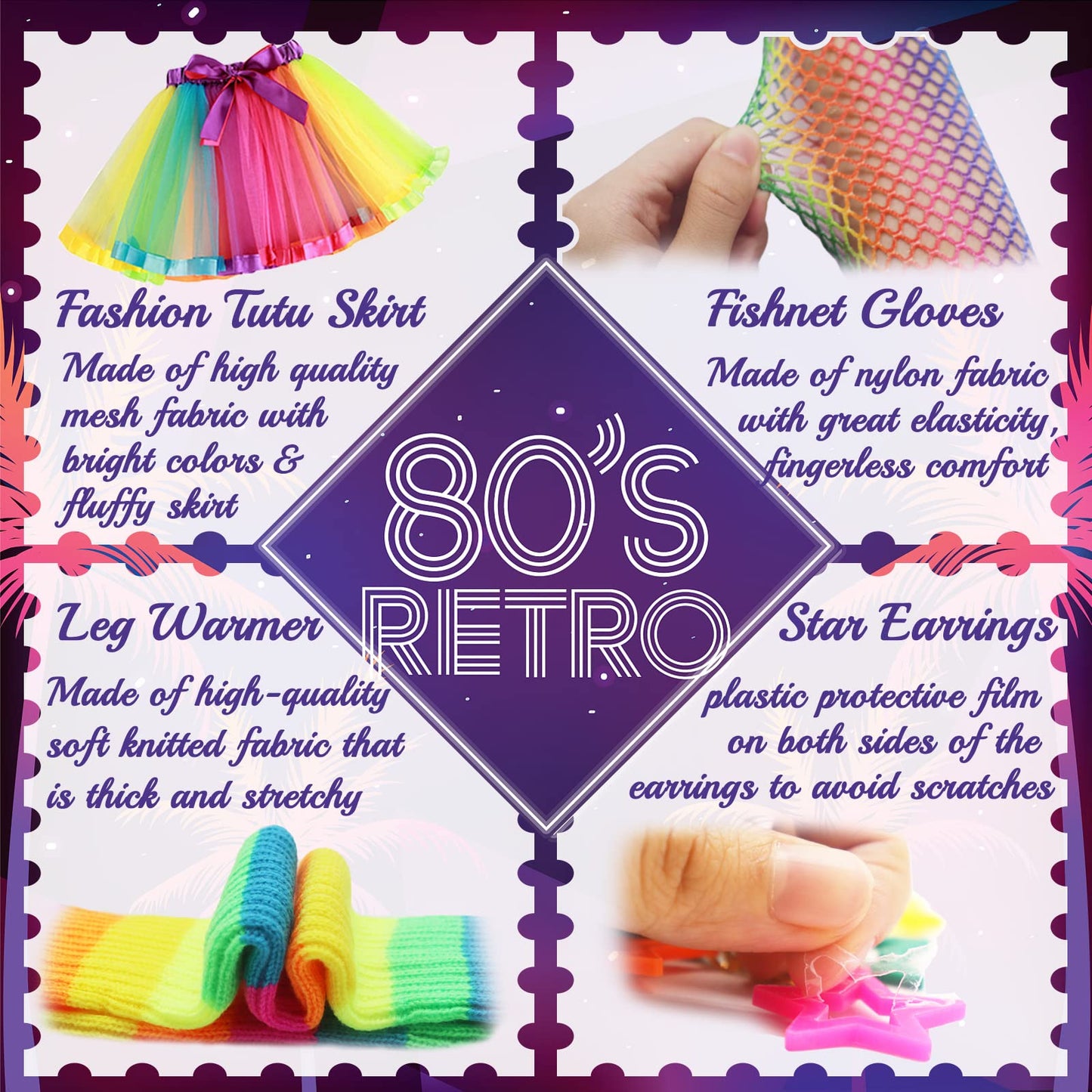80s Fancy Dress for Women, 1980s Party Rainbow Costume Accessories Set Tutu Skirt Leg Warmers Fishnet Gloves Glasses Earrings Bracelet Necklace Headband, Retro Outfit for 80s Party, Dress up Day