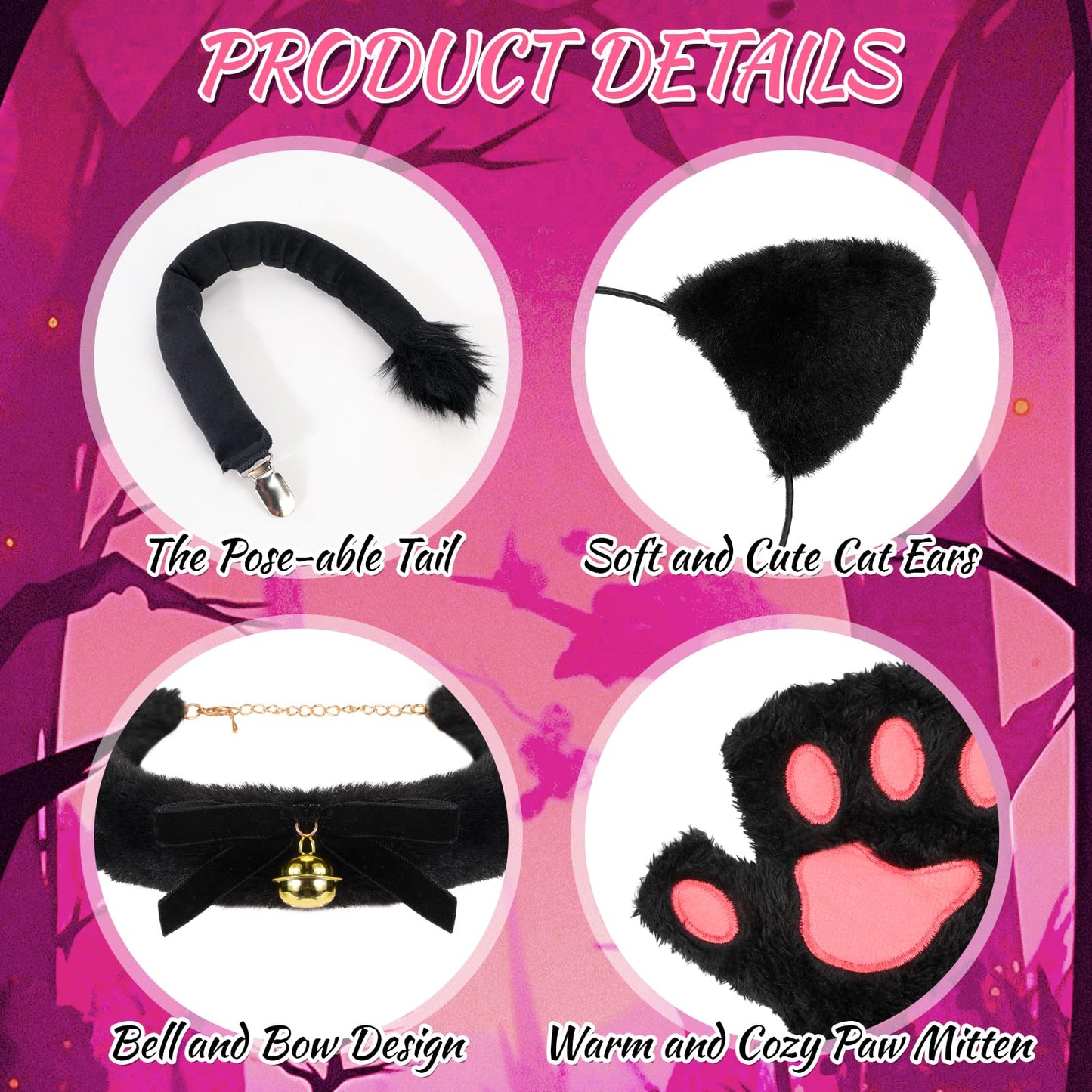 Cat Costume for Women Black Cat Ears Headband and Tail Bell Choker (image 3)