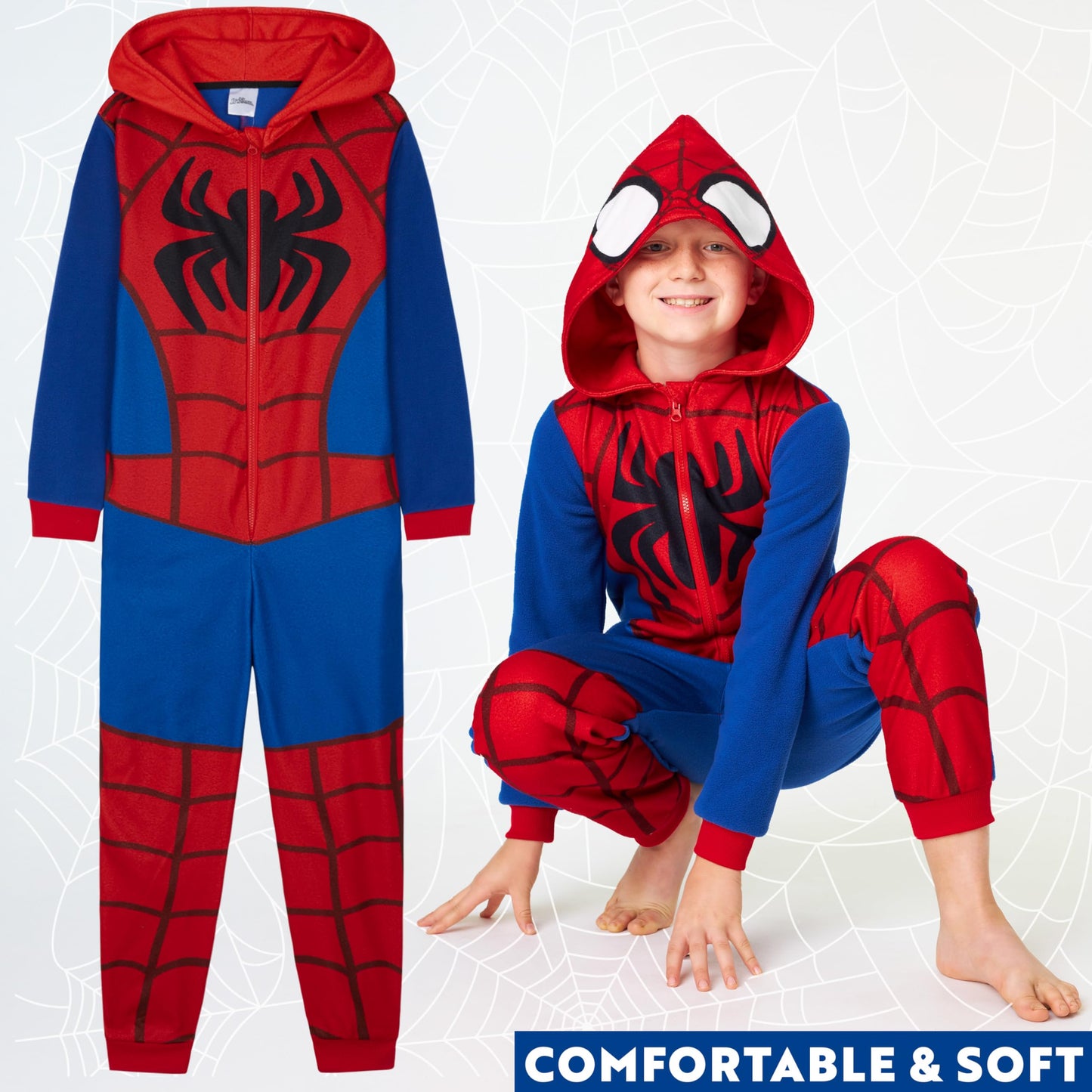 Marvel Spiderman Onesie for Boys, All in One Fleece Pyjamas, Hooded Jumpsuit Loungewear, Cosy Warm Nightwear, Gifts for Boys (5-6 Years, Blue/Red)