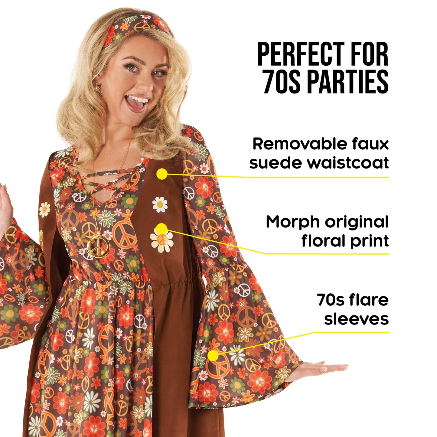 Morph Hippie Costume Women 70s Fancy Dress, 60s Outfits, Retro Halloween Costume, Vintage Party Attire for Women, Medium