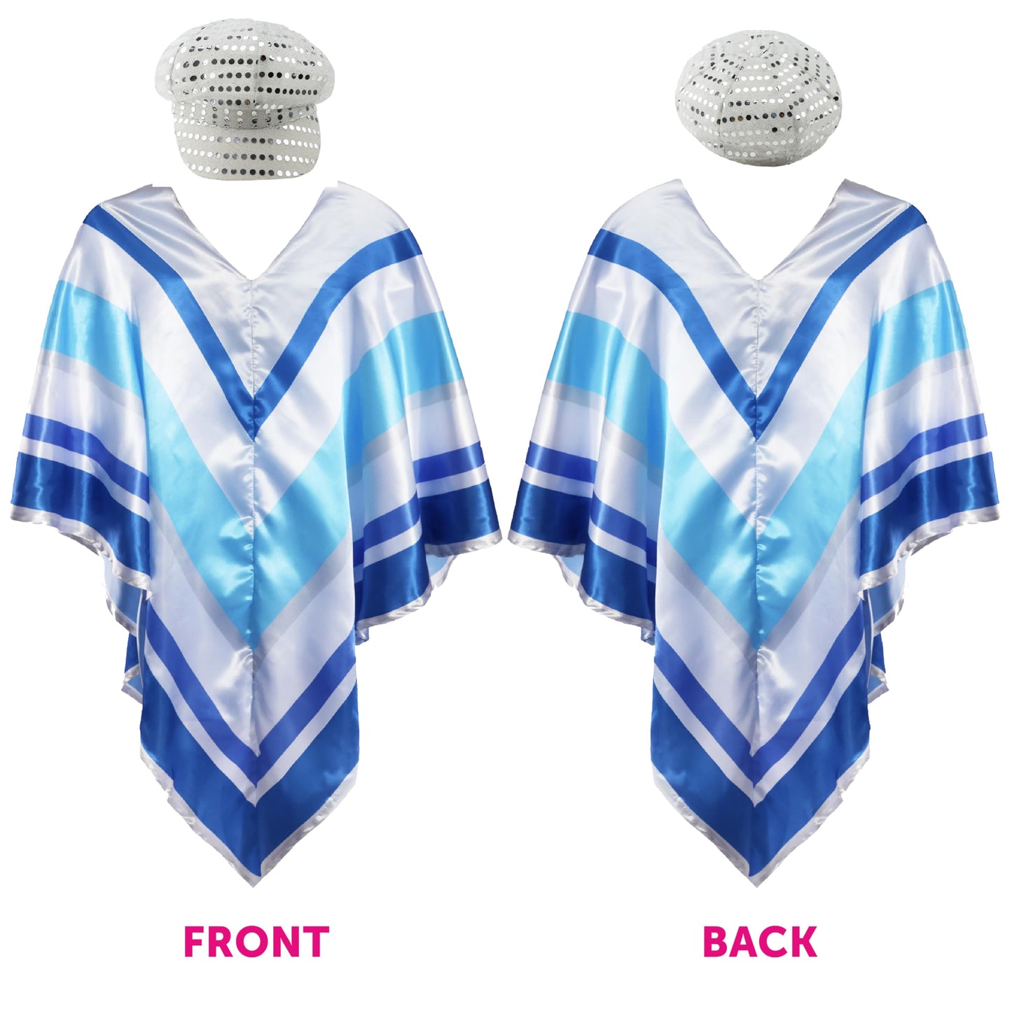 I LOVE FANCY DRESS Adults 70's Disco Costume - Silver Cap Covered in Silver Sequins and Dark Blue, White, Grey and Light Blue Striped Satin Poncho - Perfect for Disco Nights & 70's Parties
