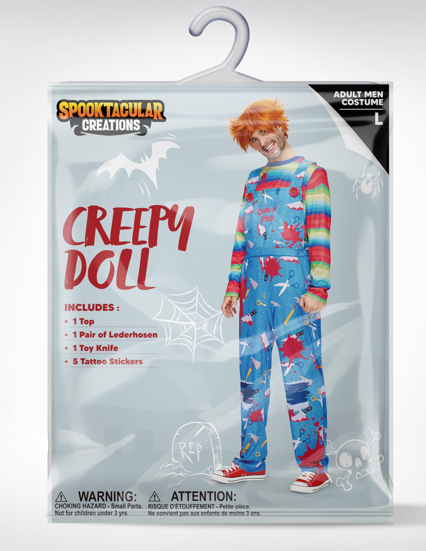 Spooktacular Creations Men Creepy Doll Costume, Horrible TV-Series Serial Killer Costume with Top and lederhosen for Horror Halloween Costumes Role Play-M