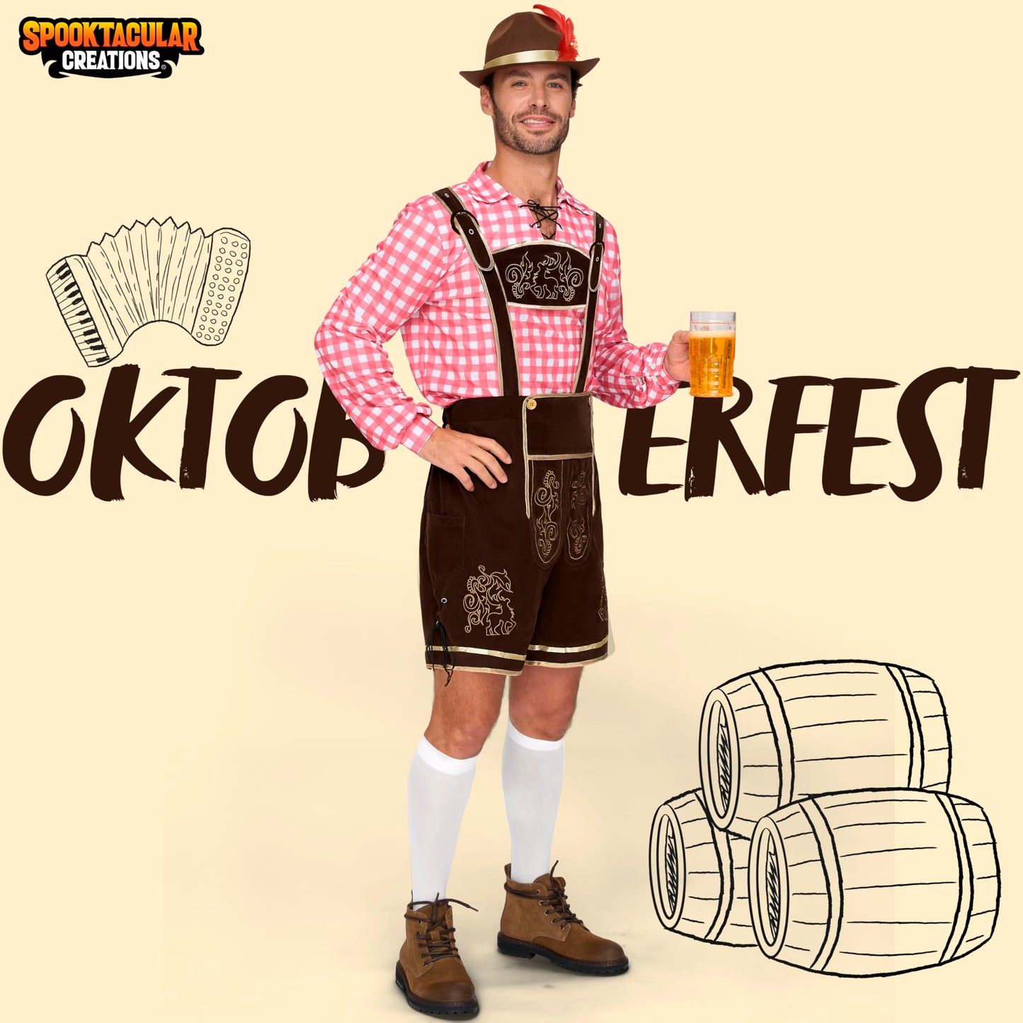 Spooktacular Creations Men’s Red Plaid German Bavarian Oktoberfest Costume Set for Halloween Dress Up Party and Beer Festival L