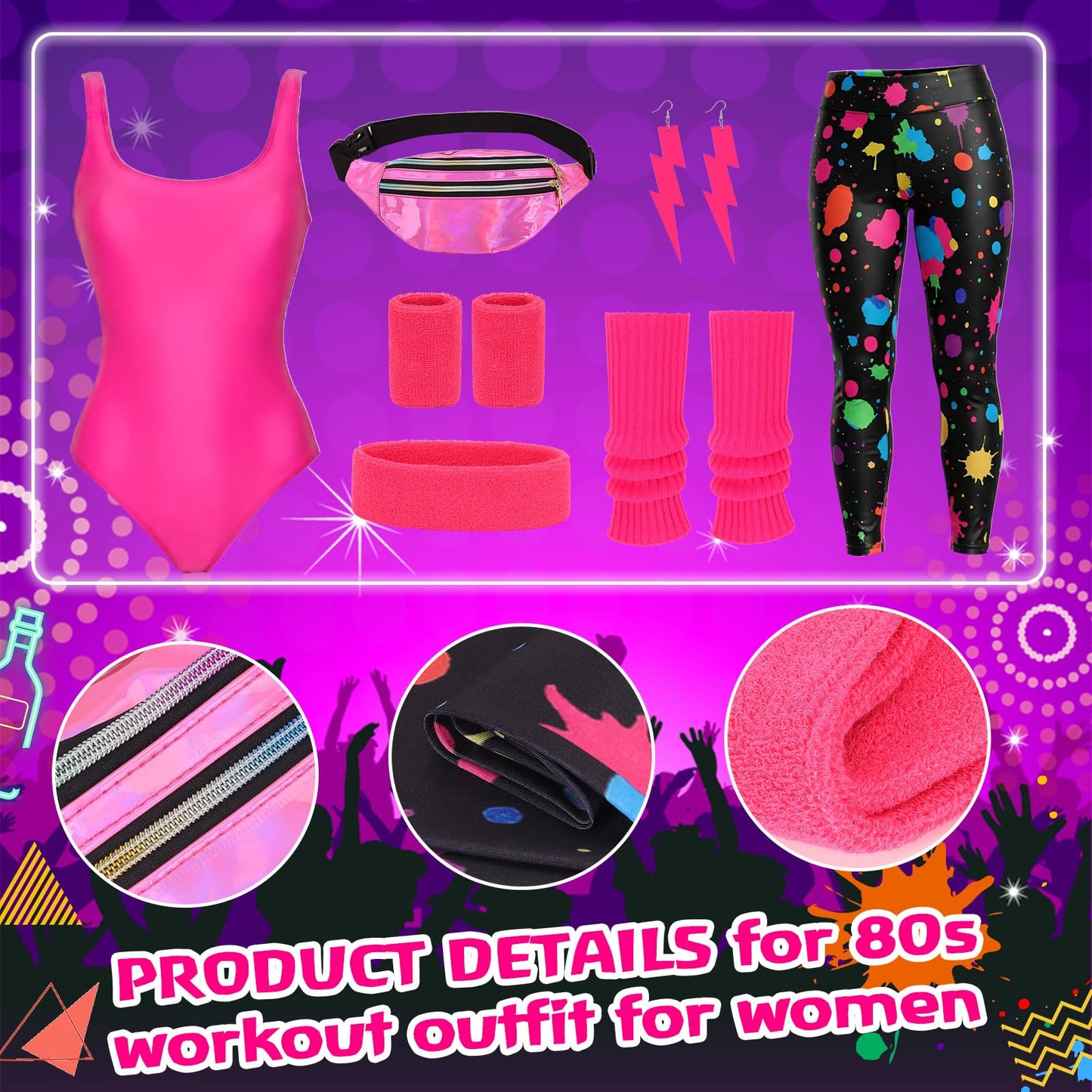 QYCHHJ 80s Fancy Dress for women 80s Costume Outfits 90s Retro Accessories Set for Girls 1980s Workout Costume Fancy Dress Party Kits Adult Aerobics Outfit Yoga Jumpsuit Leotard Legging Headband L