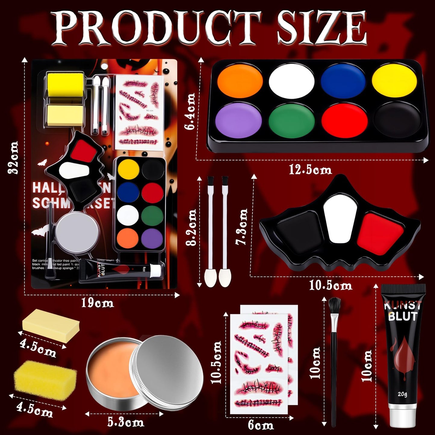Face Paint Halloween Makeup Kit - White Black Red Face Paints Professional Adults with Fake Blood, Scars, tattoos, 8 Color Body Painting Set For Zombie Vampire Skeleton Joker Clown Witch Cosplay