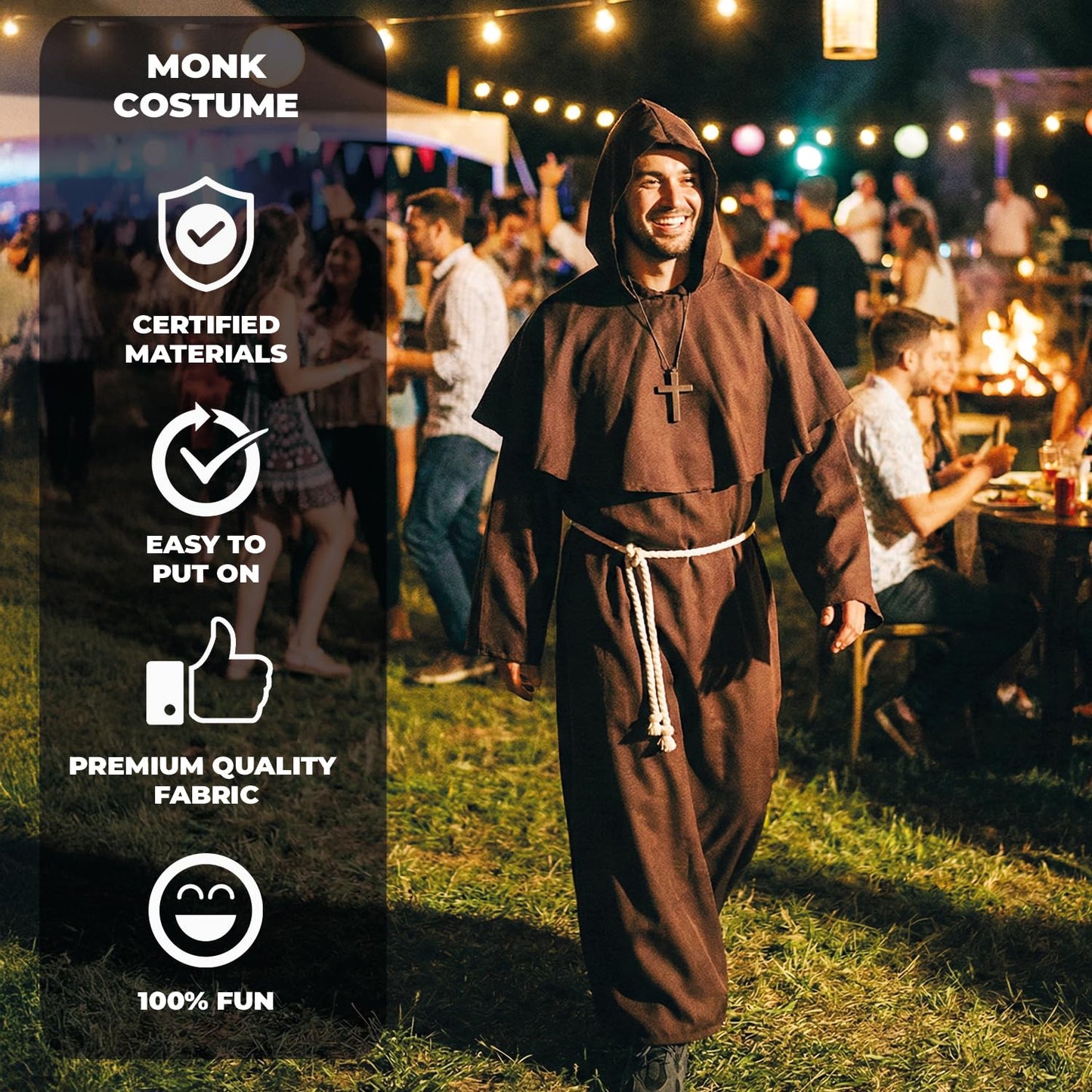 AirSuit® Medieval Monk Adult Costume – Long Robe with Hood + Wooden Cross | Size M 170 to 175 cm | Religious Men's Outfit | Carnival, Halloween | OriginalCorner®