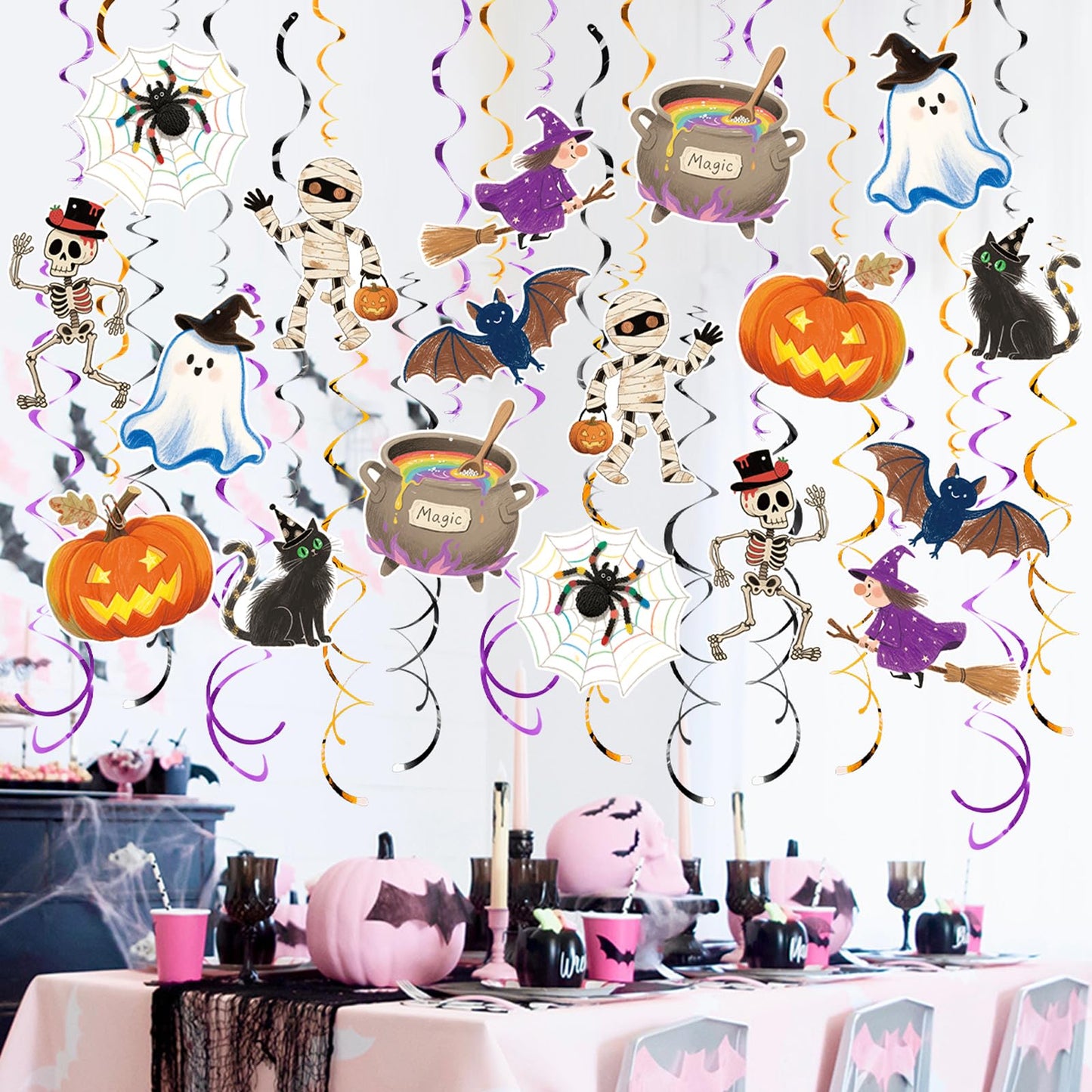 Vsosfiza Halloween Hanging Swirl Set Party Decorations, 48 Pcs,Ghost Pumpkin Skull Cat Witch Party Supplies Sign,Black purple Orange