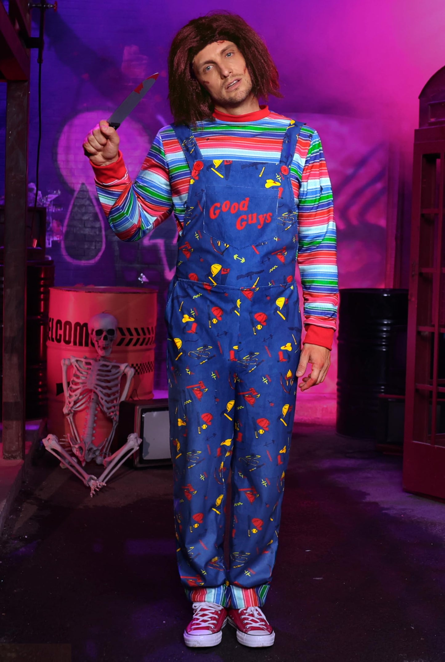 Mainfini Killer Doll Suit Full Set Adult Men Halloween Horror Events Jumpsuit Costume Includes Tshirt Wig Tattoo Scars Prop Accessories Movie Cosplay Group Costume XL