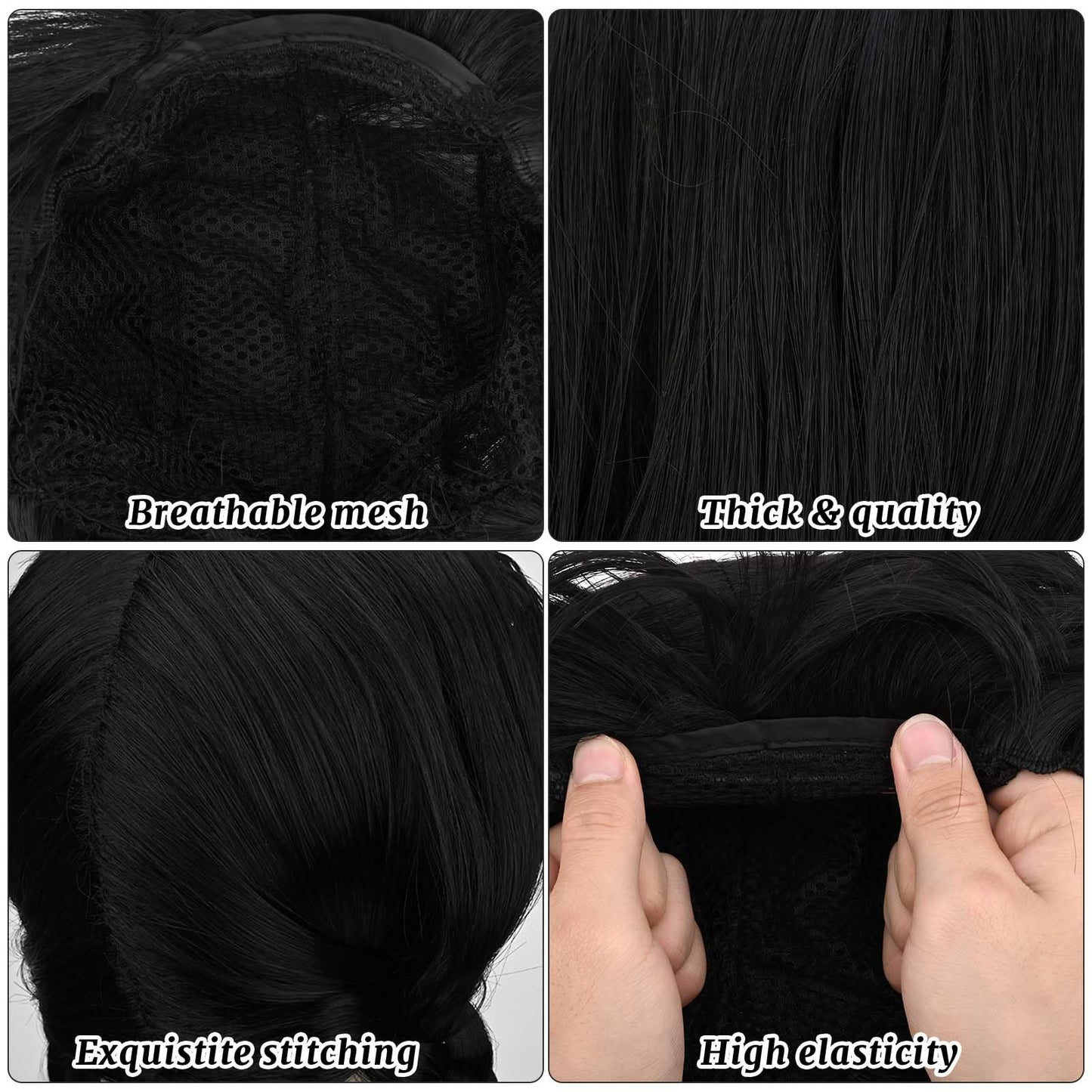 Kavoc 4Pack Halloween Role Play Set Include Black Twins Braided Wig Socks Black Dress for Cosplay Party Supplies (10-12Years Old)