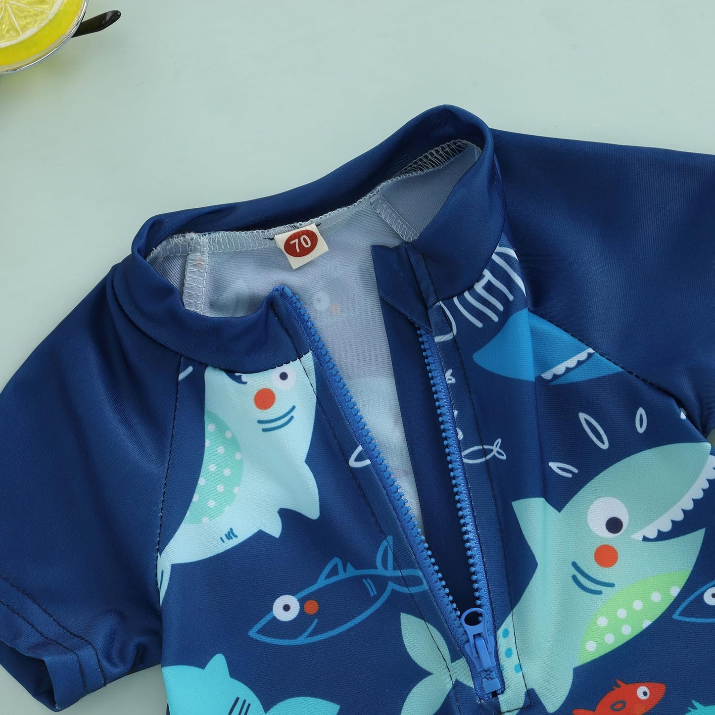 Geagodelia Baby Boy Swimming Costume Toddler Boy Swimsuit Infant Bathing Suit Short Sleeve One Piece Rash Guard Sun Hat Summer Beachwear (Blue, 6-12 Months)