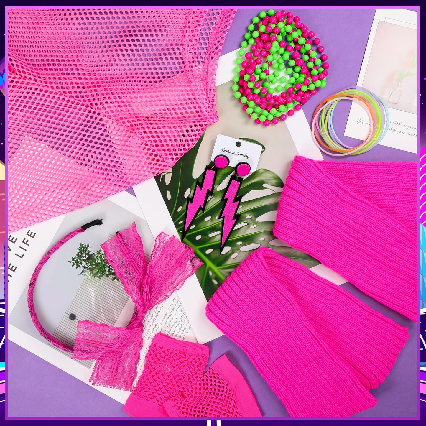 Shepinsky 80s Fancy Dress for Women,1980s Fancy Party Costumes Accessories Set,80s Outfits Neon Mesh T-Shirt,Leg Warmers Fishnet Gloves Headband Earrings Bracelets Necklaces for Retro Party Dress up