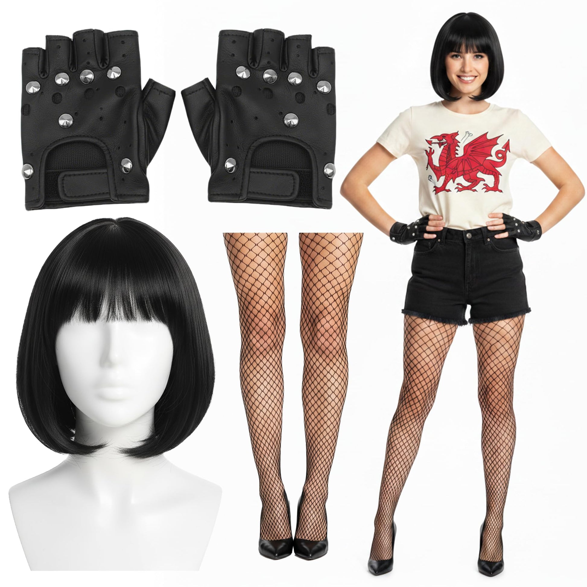 Welsh TV Character Costume - Black Bob Wig Fancy Dress Accessories