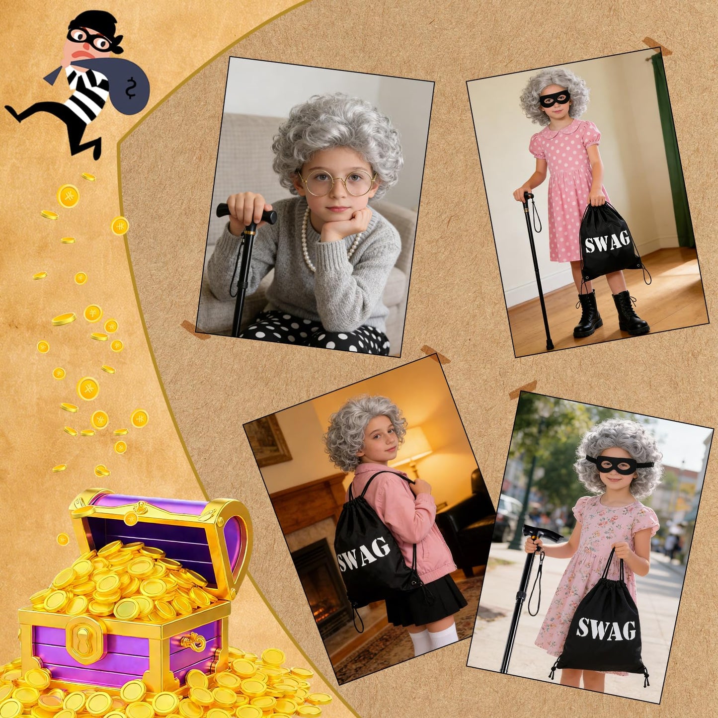 gyoyede Gangster Granny Costume Set,World Book Day Costumes for Teens 2026 - Grey Wig, Robber Eye Mask, Swag Bag, Pearl Necklace and Cane for Storybook WBD Fancy Dress Up Cosplay Party Accessories