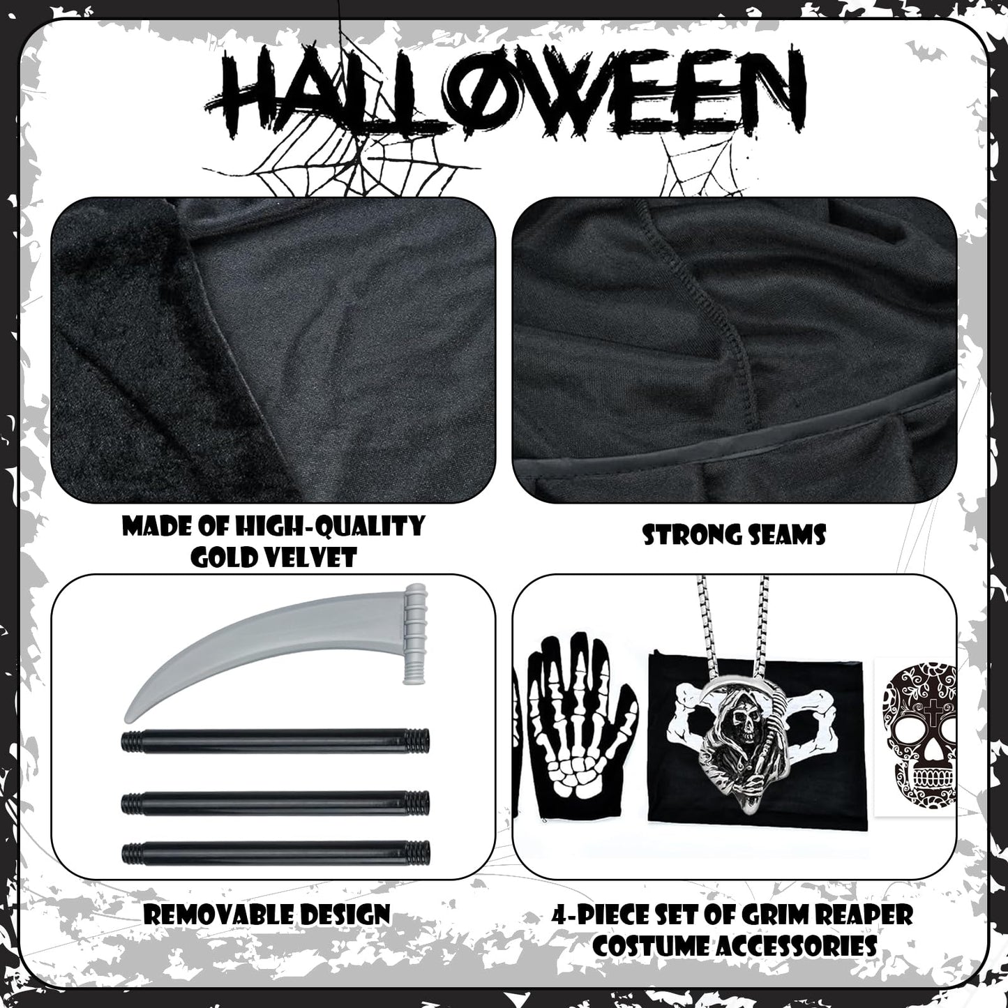 Gatwrmth 6-Piece Grim Reaper Costume Halloween Fancy Dress – Hooded Velvet Cloak with Skull Mask, Skeleton Gloves, Scythe Prop, Skull Necklace & Temporary Tattoos – One Size Fits Most Teens & Adults