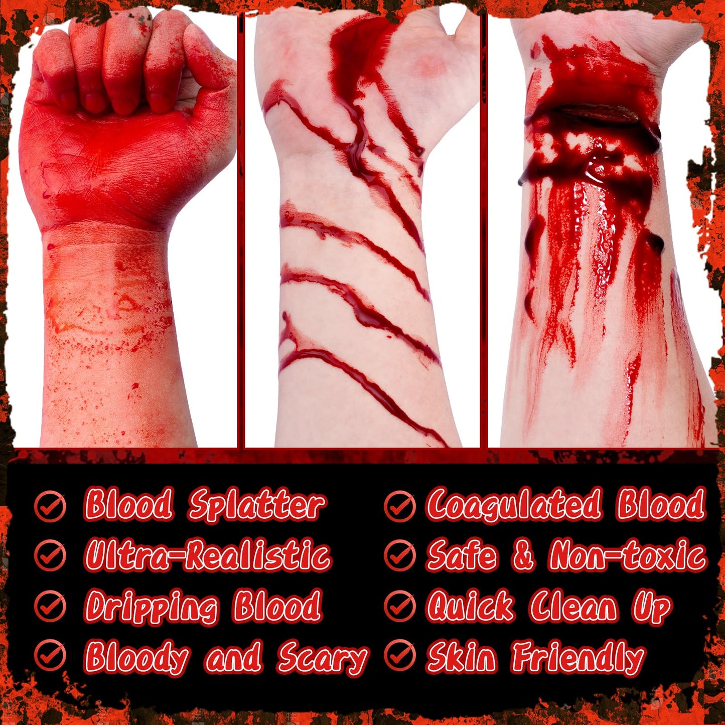 TonJin Halloween Fake Blood Makeup Kit, 3PCS Realistic Washable Costume Blood Set (1.69oz Spray + 1.69oz Dripping + 1.01oz Coagulated ) for Zombie Vampire SFX, Dark Coagulated & Fresh Blood Effects