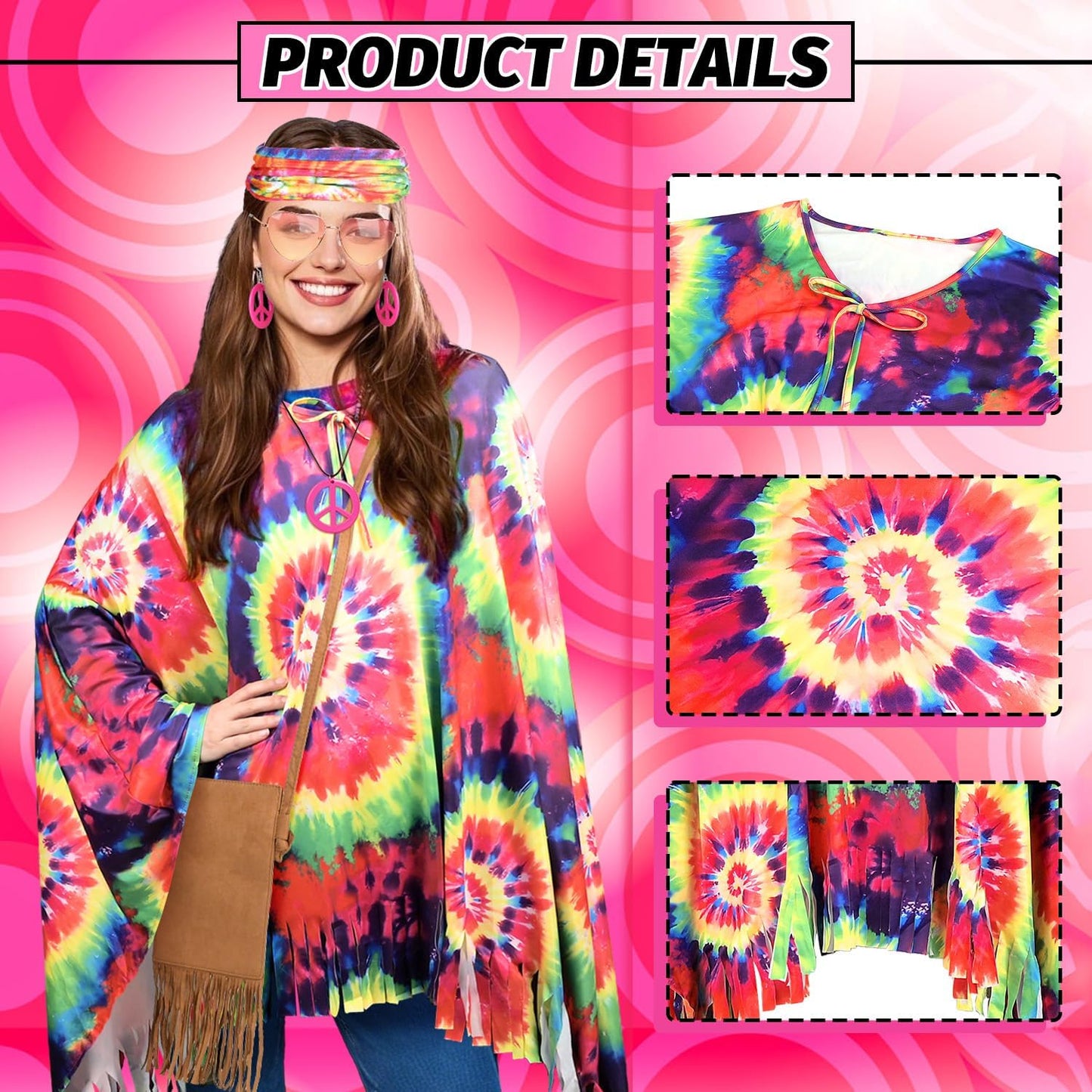 iZoeL 70s Hippie Costumes Women Hippie Clothes Teen Girls Boho 70s Costume 80s Accessories 60s Retro Festival Outfit - Top Bag Sunglasses Peace Necklace Headband- Retro Disco Fancy Dress