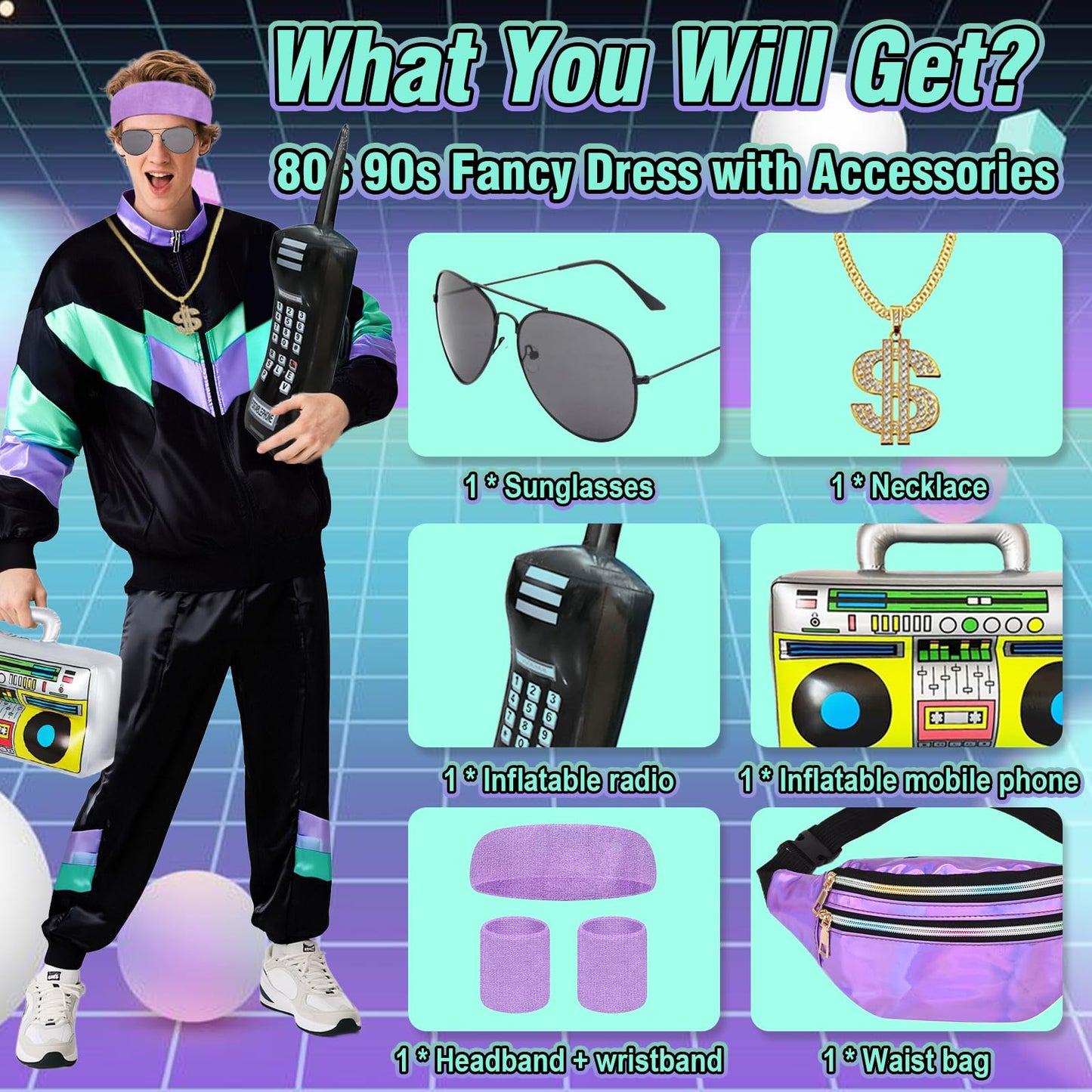 80s 90s Fancy Dress Men with Accessories, Retro 80s 90s Hip Hop Outfit for Adults, 80s Fancy Dress Set with 1 Sportswear Pant Necklace Balloon Radio Glasses Waist Bag Headband, 80s Party Carnival-L