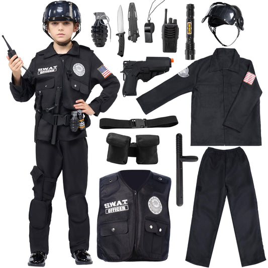SWAT Officer kids costume with helmet, tactical vest and props