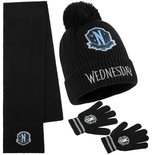 Wednesday Beanie Winter Accessories Set for Girls & Teens 6-14 Years, 3pcs Warm Knit Hat Scarf Gloves, Gothic Gifts for Girls