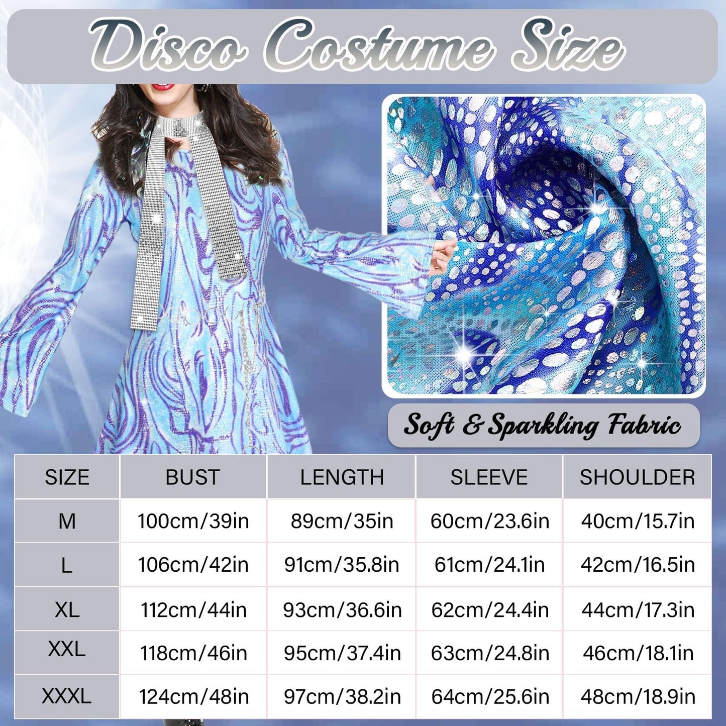 UxClishe 7 Pcs 1970s Disco Costume Set for Women, 70s Shine Disco Fancy Dress Accessories Set with Sequin Skirt Glasses Scarf Earring Headband Prom Dancing Outfit for Retro Party Supplies