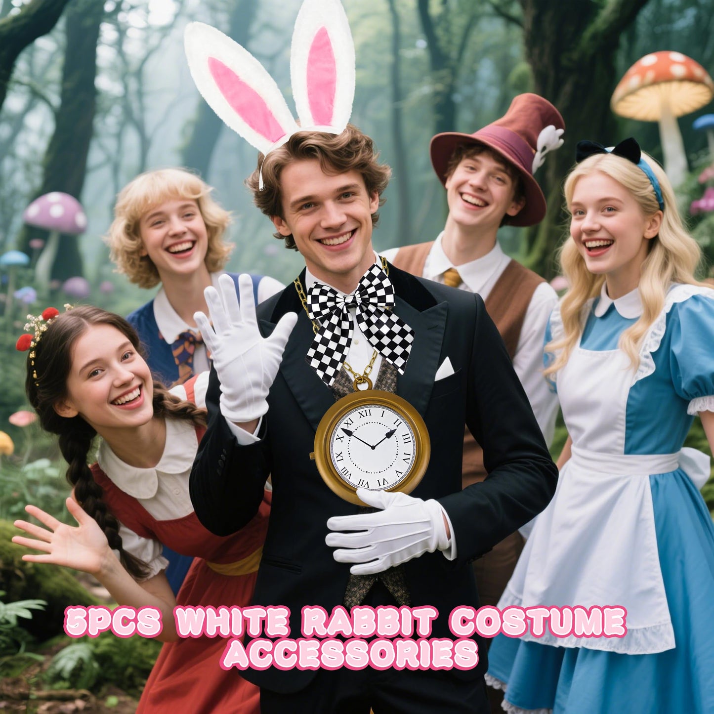 Amlisia 5 PCS White Rabbit Costume Accessories, Bunny Costume with Ears Headband and Tail Clock Bow Tie for Women Men for Easter World Book Day Book Character Dress up Halloween Cosplay