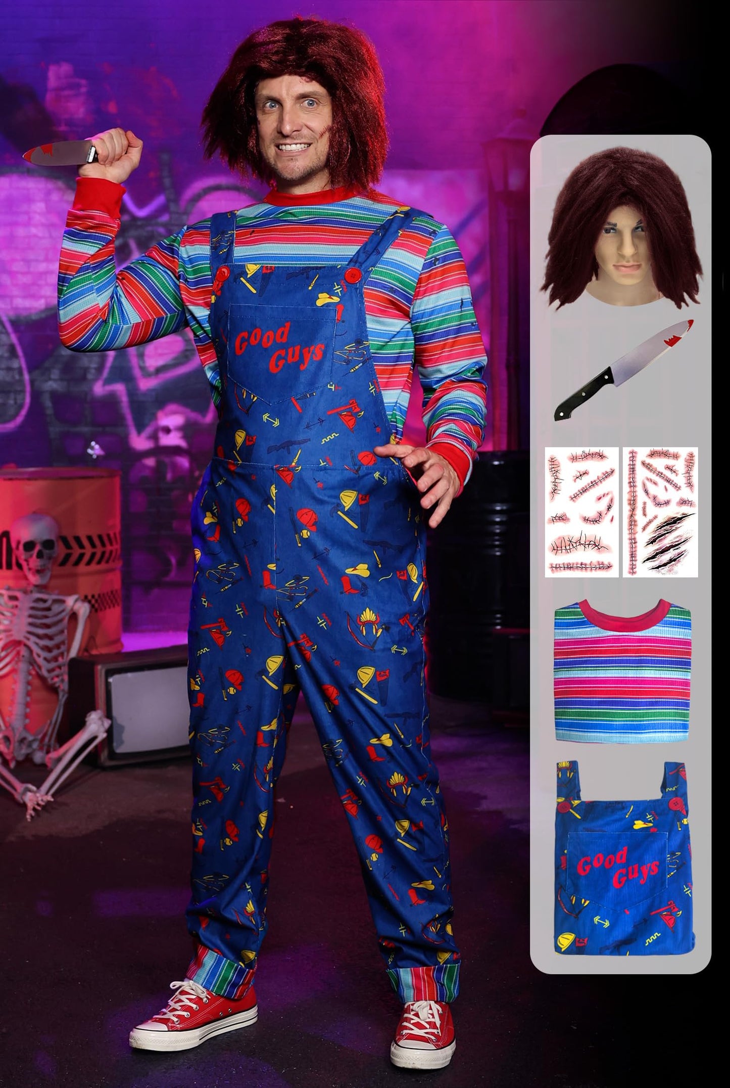 Mainfini Killer Doll Suit Full Set Adult Men Halloween Horror Events Jumpsuit Costume Includes Tshirt Wig Tattoo Scars Prop Accessories Movie Cosplay Group Costume XL