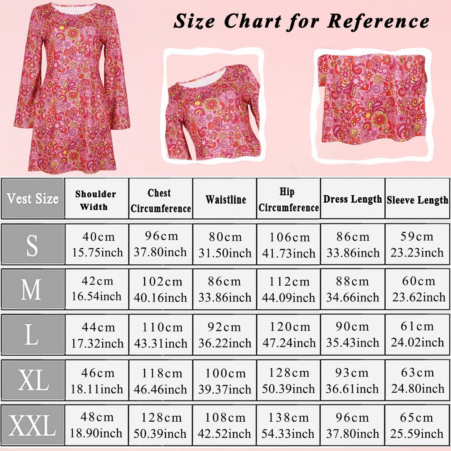 YADODO 60s 70s Fancy Dress Women Disco Hippie Costume with Accessories 1970s 1960s Hippie Fancy Dress Clothes for Women Adult70 Style Ladies Pink Flower Power Dress (XXL)