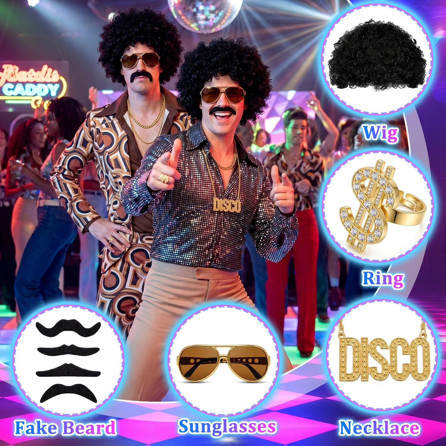 Disco Hippie Costume Set for Men Women - Funky Afro Wig - Hippie (image 3)