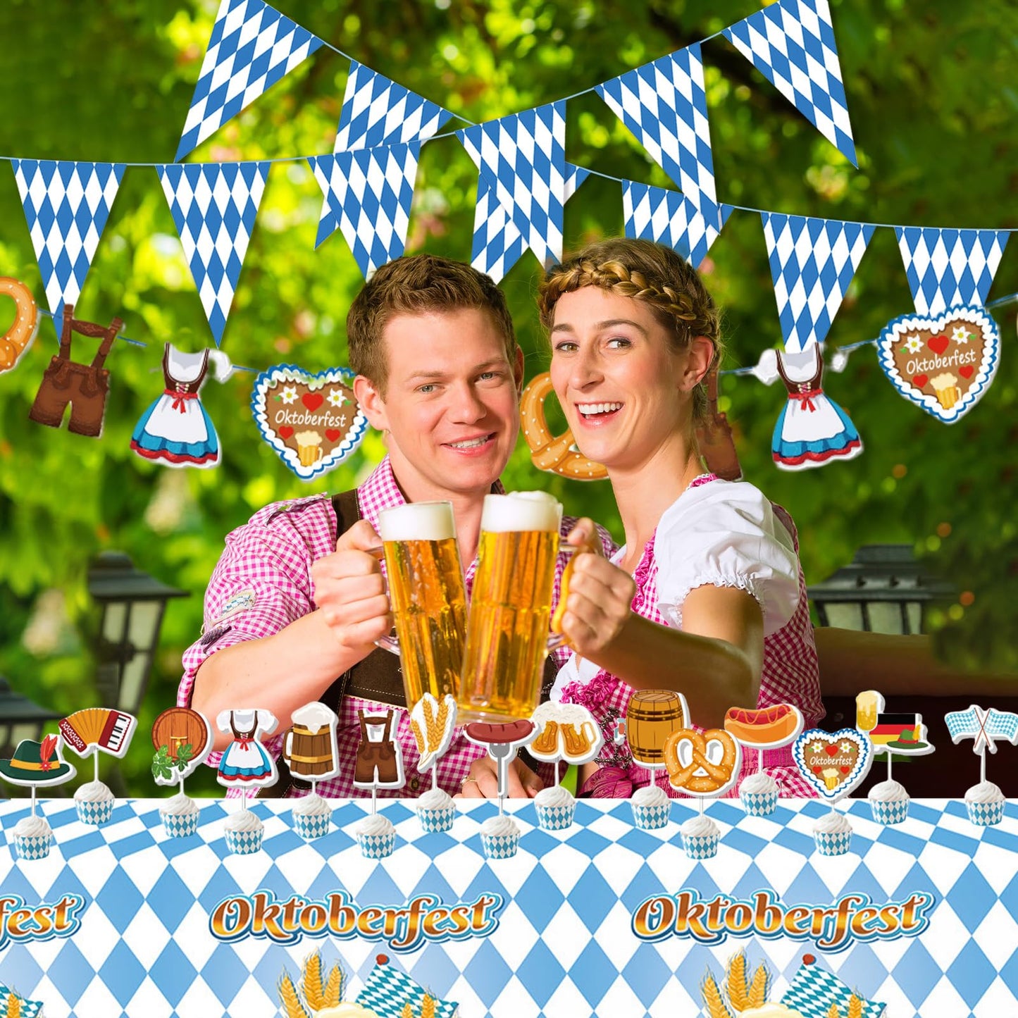 AYNKH Bavaria Oktoberfest Party Decoration Sets, Oktoberfest Blue White Banners Pennant Tablecloth Napkins Cake Topper Festival Supplies for German Beer Party