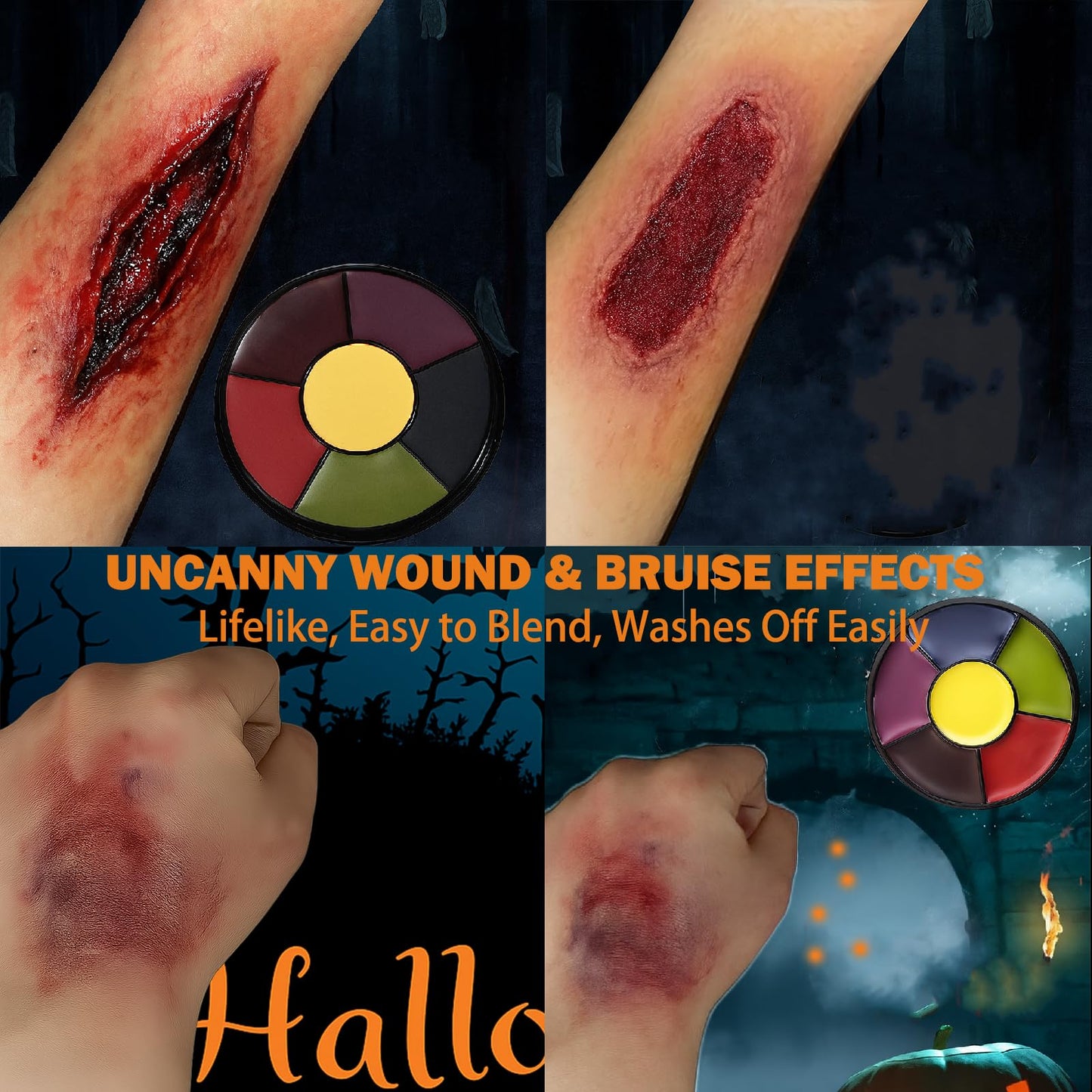 6 Color SFX Bruise Wheel – Professional Halloween Face Paint Kit, Non-Toxic Oil-Based Makeup with Fake Blood, Zombie & Injury Special Effects Palette for Cosplay & Festivals
