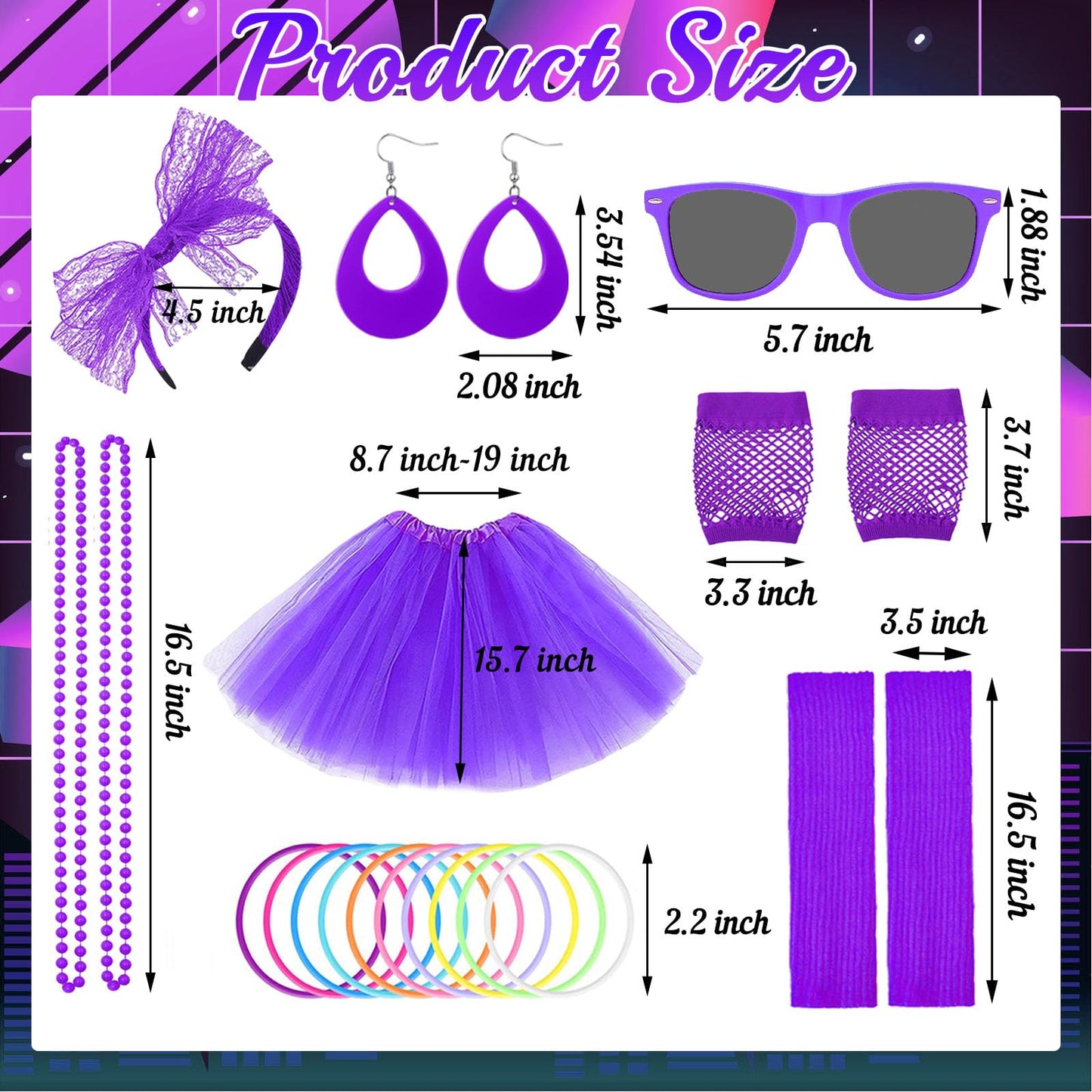 80s Costume Accessories Set for Women, 1980s Neon Party Kit with T-shirt Tutu Skirt Headband Earring Necklace Glasses Bracelet Fishnet Gloves Leg Warmers for 80s Retro Party Dress up (Purple, XXL)