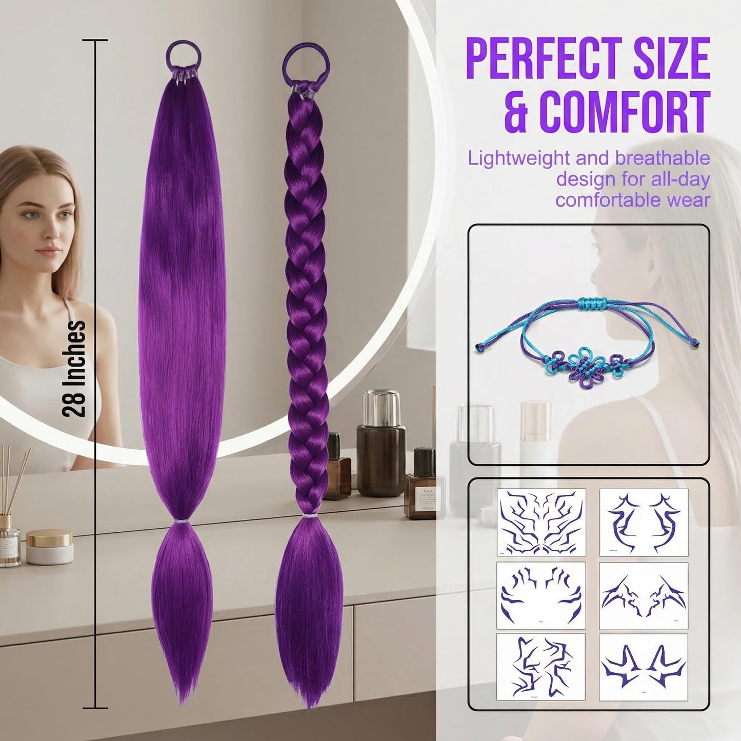 Kpop Costume Cosplay Wig Set - Purple Braiding Hair Extensions