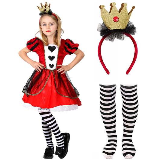 Girls Heart Queen Costume - Large - Red Dress with Heart Detailing, Gold Crown on Headband and Striped Tights - Kids World Book Day Book Week Fancy Dress Costume